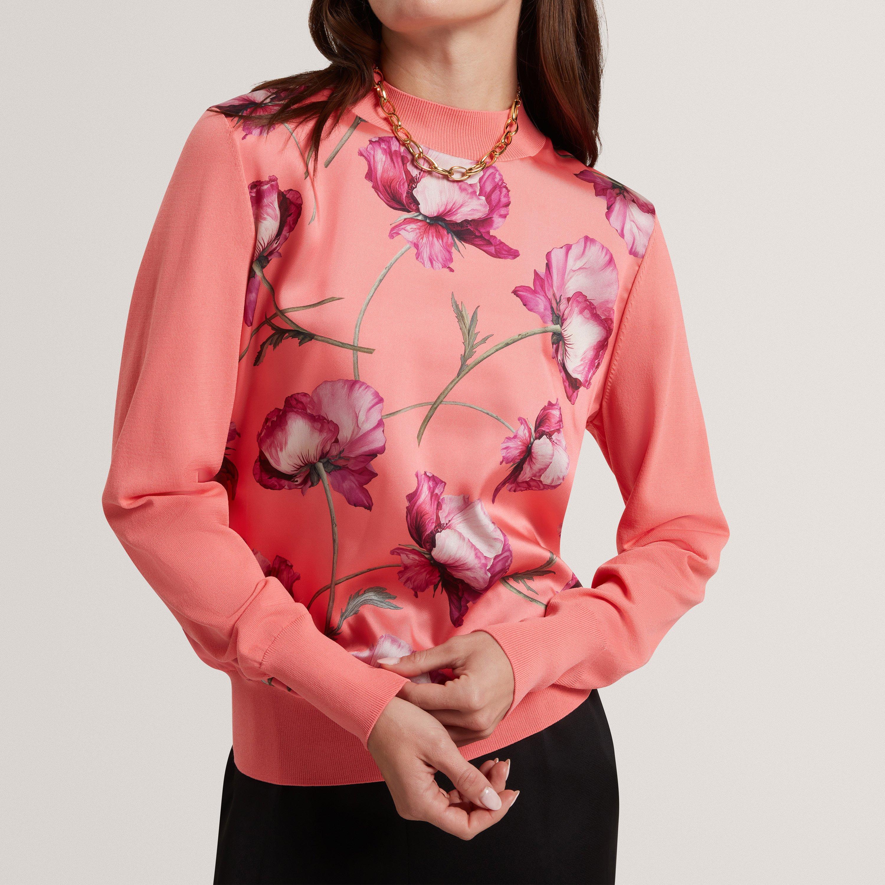 Coral - Ted Baker - Ted Baker Botanical Print Front Long Sleeve Knit Top - 2