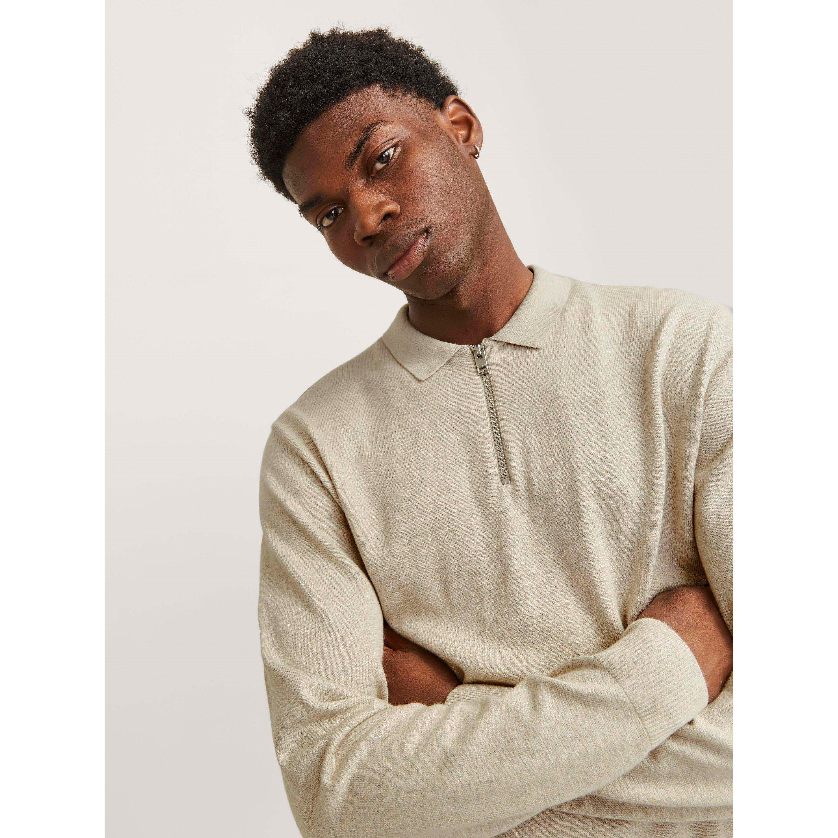 Oatmeal - Jack and Jones - Emil Half Zip Knitted Polo Mens - 6
