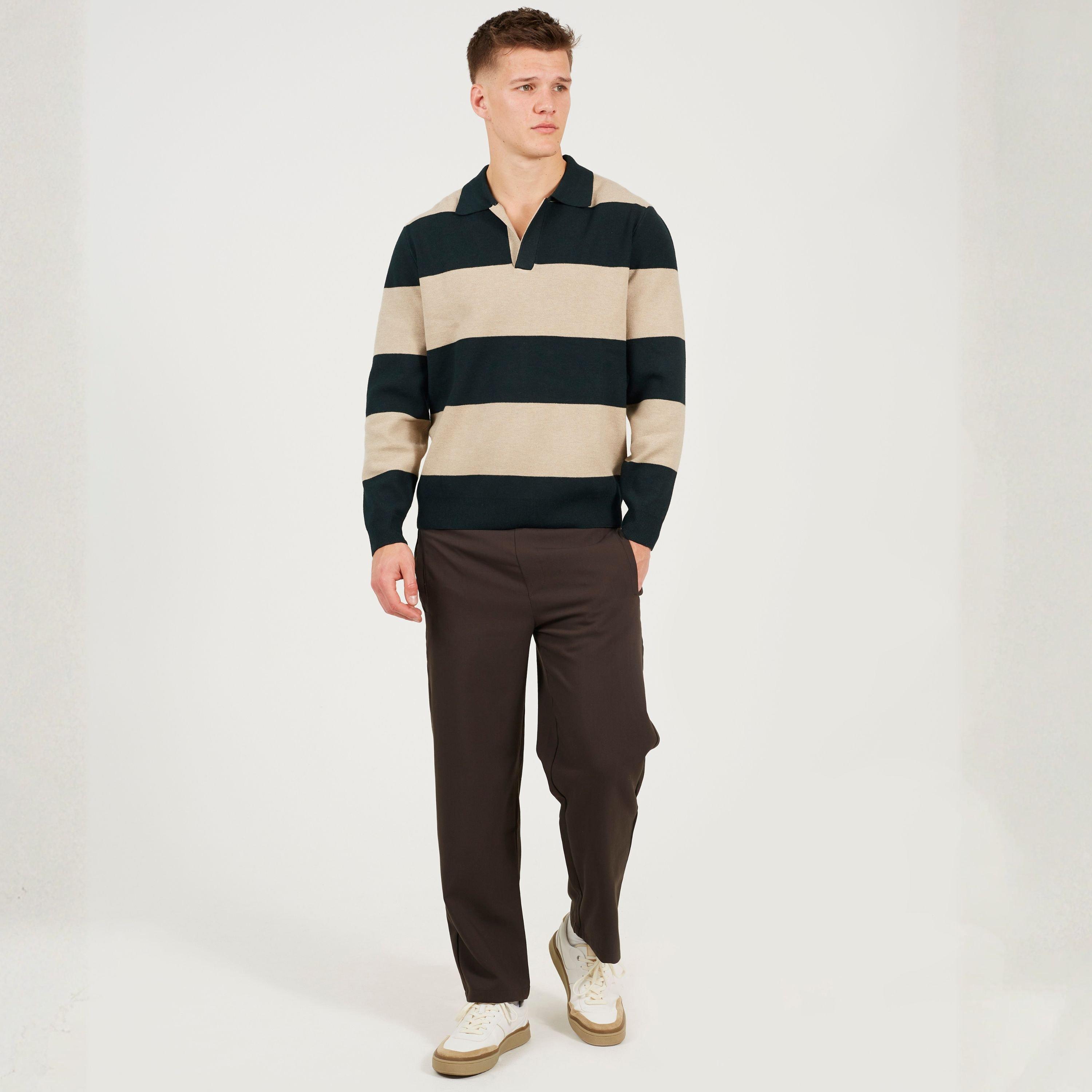 Flaschengrün - Brave Soul - Mens Knitted V-Neck Striped Jumper - 4