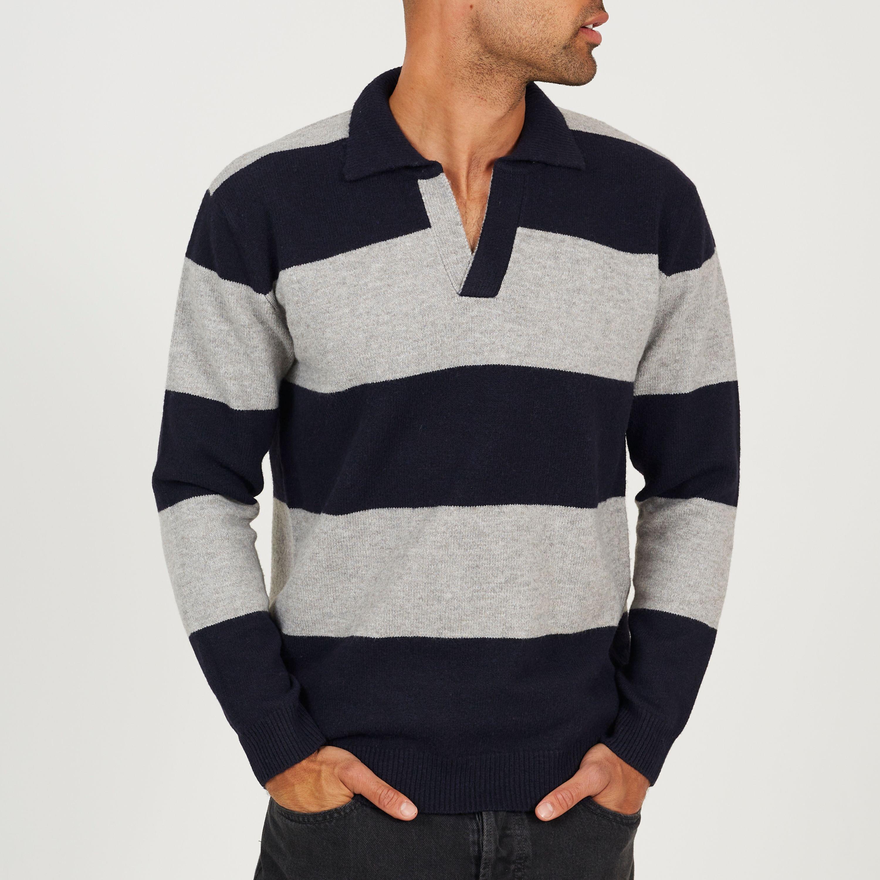 Midnight Navy - Brave Soul - Mens Knitted V-Neck Striped Jumper - 1