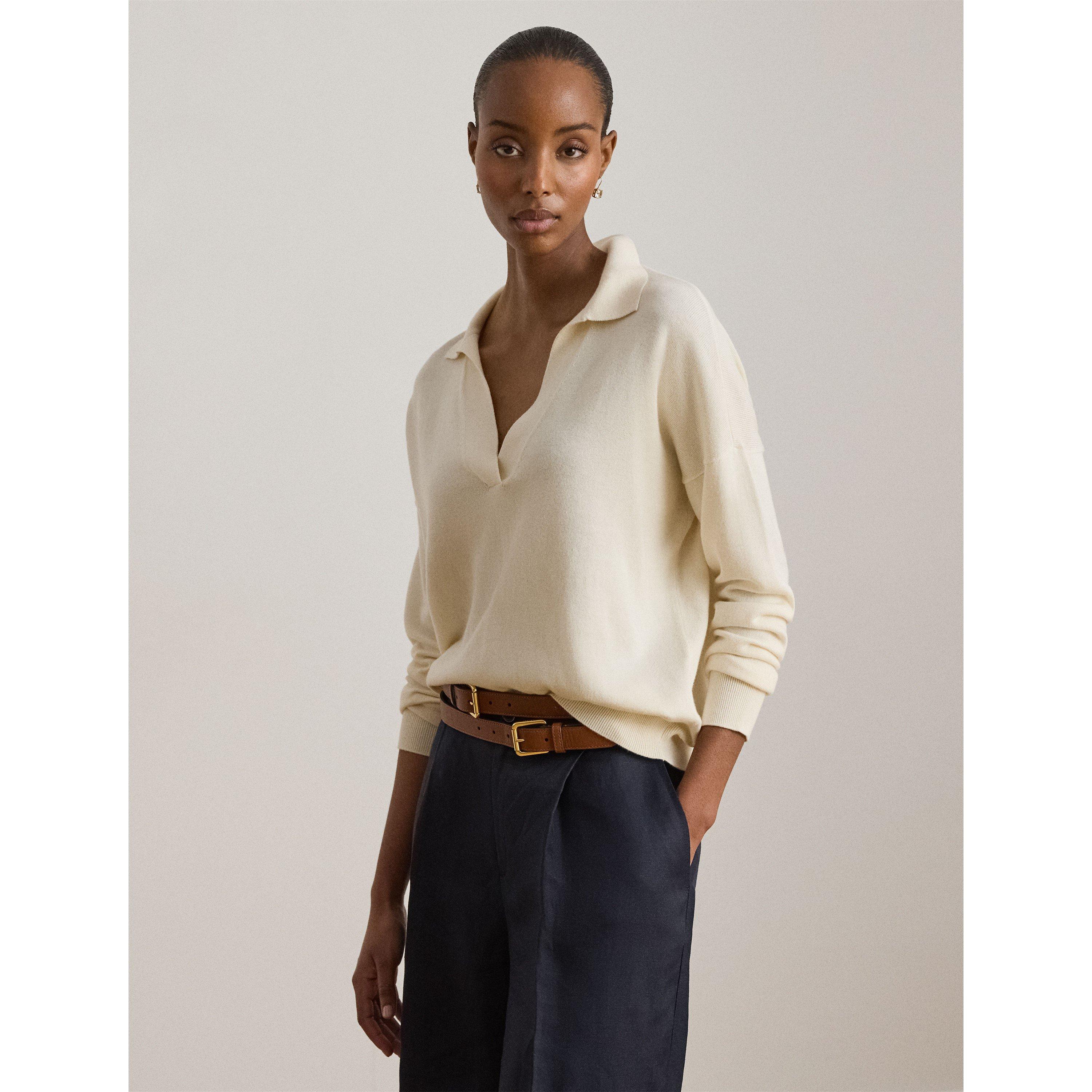 Masc Cream - Lauren by Ralph Lauren - Women's Knitted Long Sleeve Polo Shirt - 2