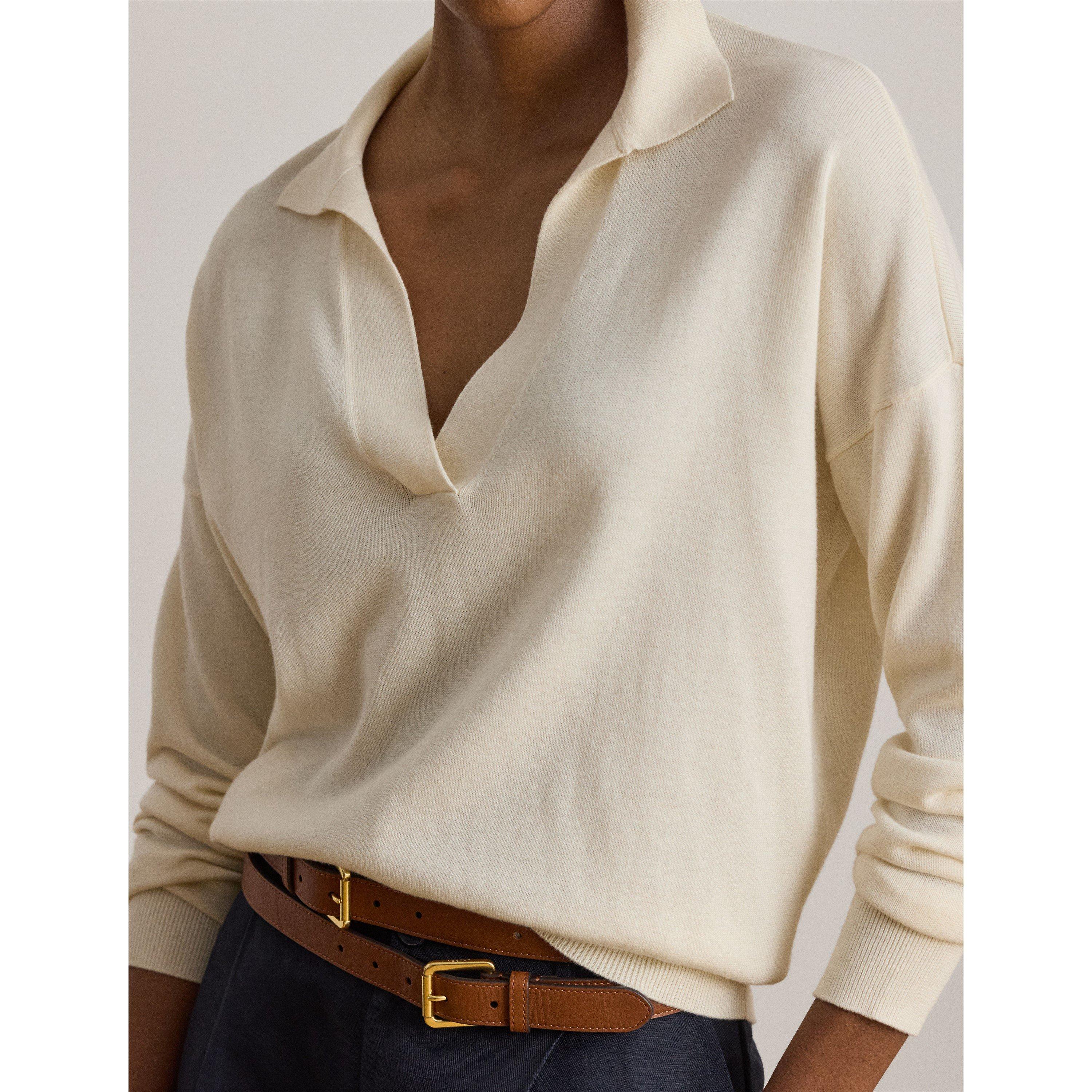 Masc Cream - Lauren by Ralph Lauren - Women's Knitted Long Sleeve Polo Shirt - 4