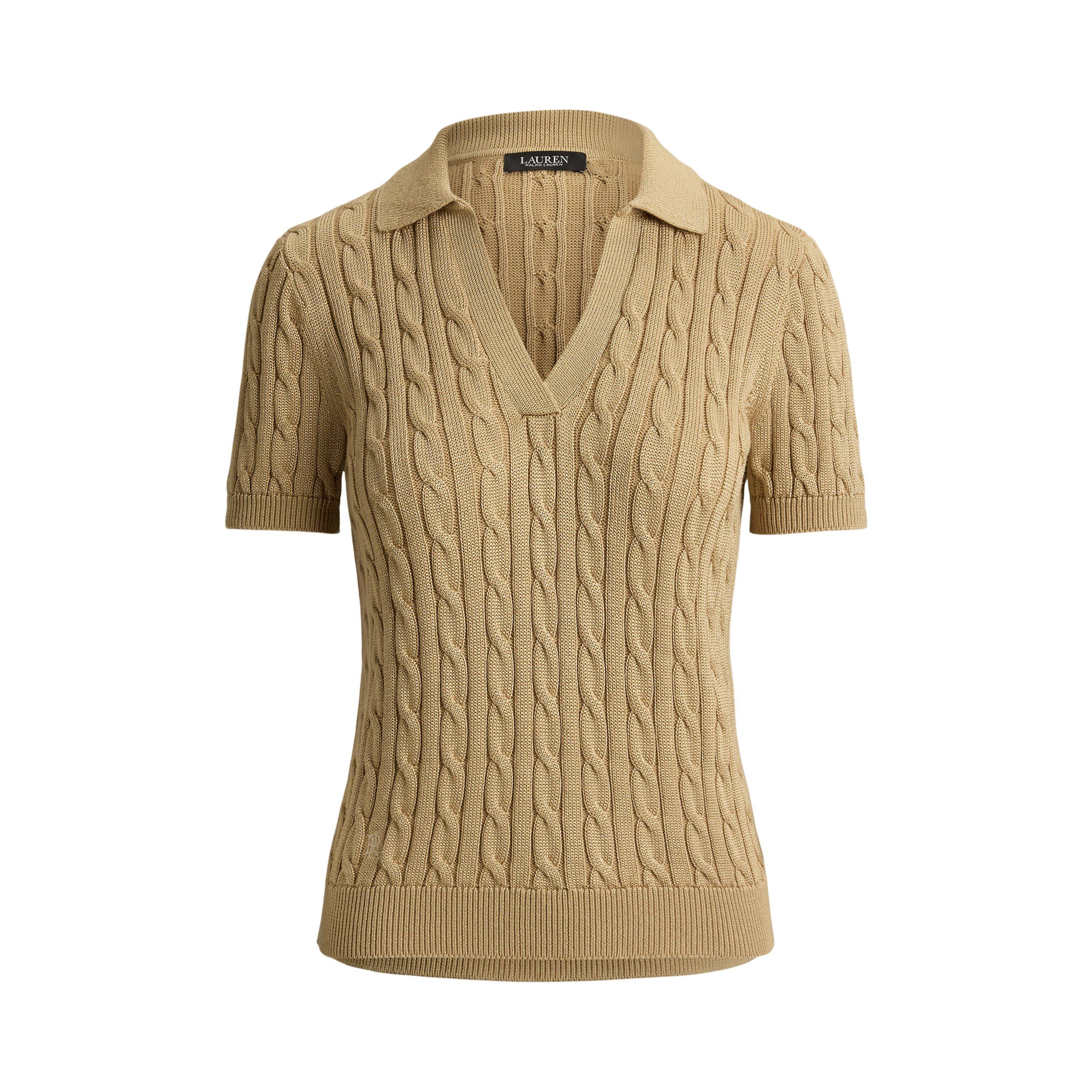 Birch Tan - Lauren by Ralph Lauren - Women's Knitted Short Sleeve Polo Shirt - 1