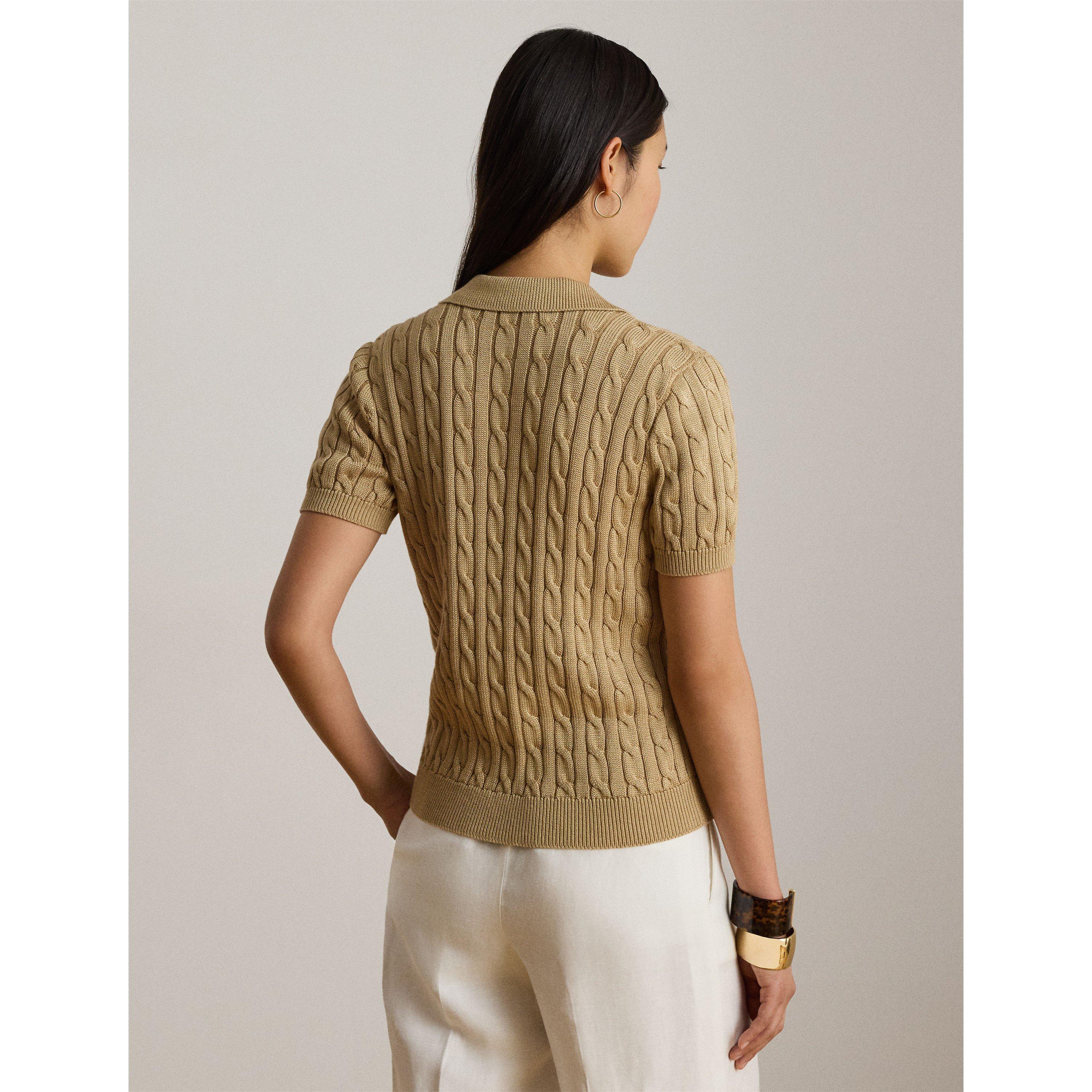 Birch Tan - Lauren by Ralph Lauren - Women's Knitted Short Sleeve Polo Shirt - 3