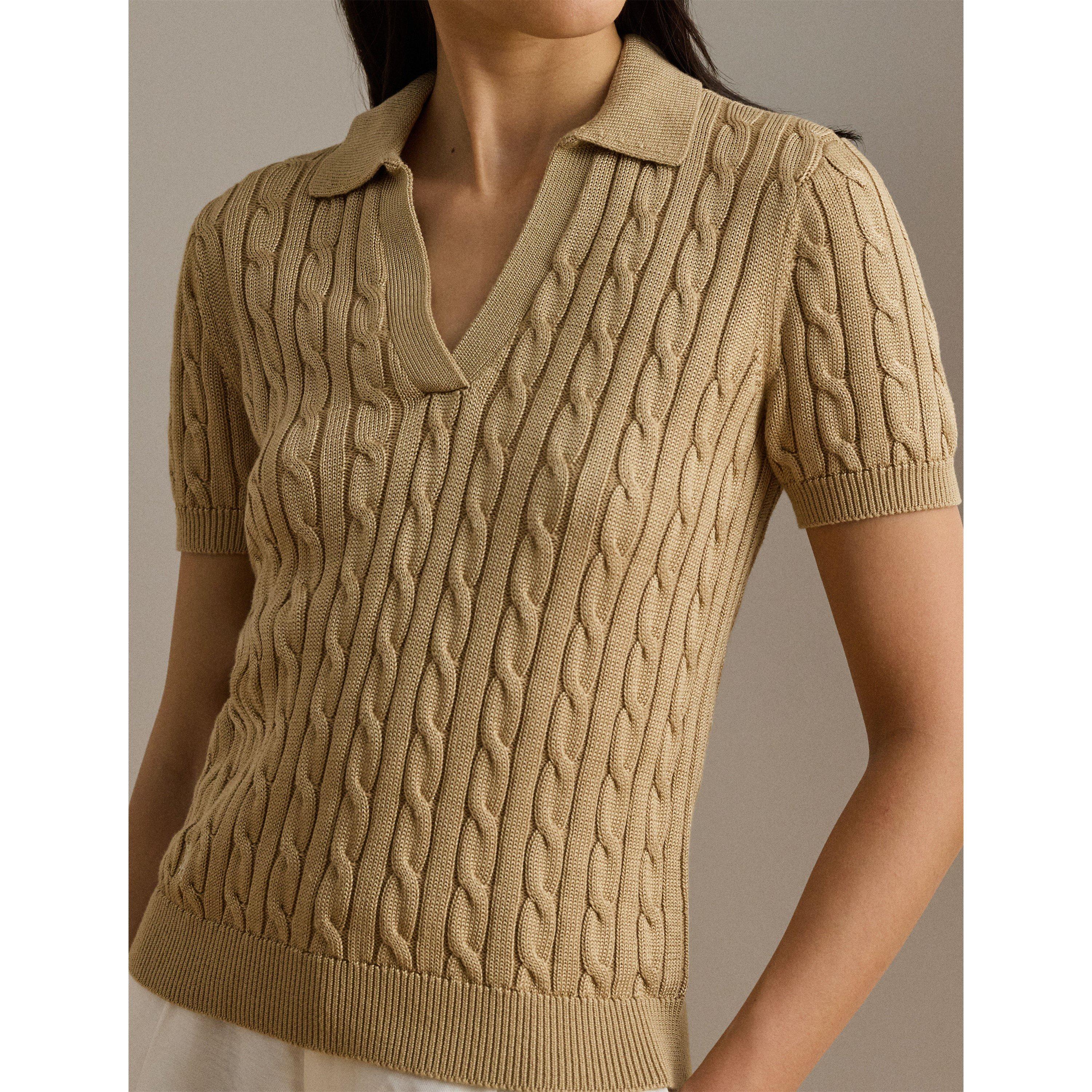 Birch Tan - Lauren by Ralph Lauren - Women's Knitted Short Sleeve Polo Shirt - 4