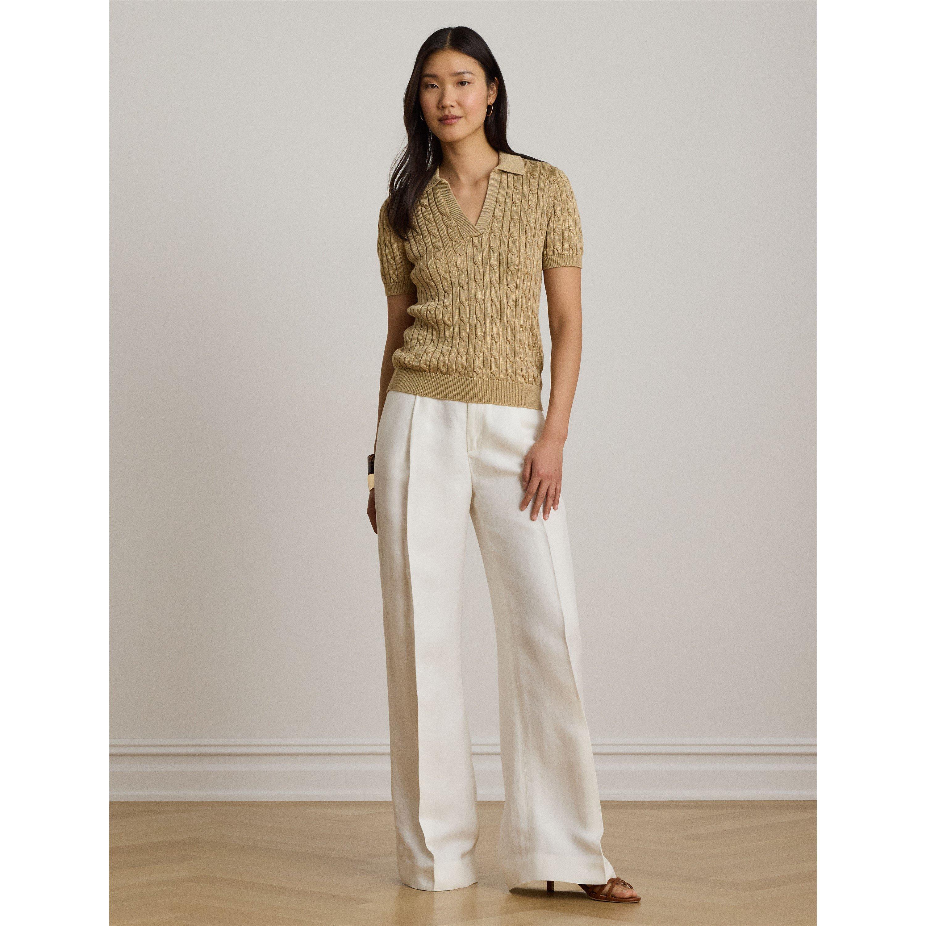 Birch Tan - Lauren by Ralph Lauren - Women's Knitted Short Sleeve Polo Shirt - 5