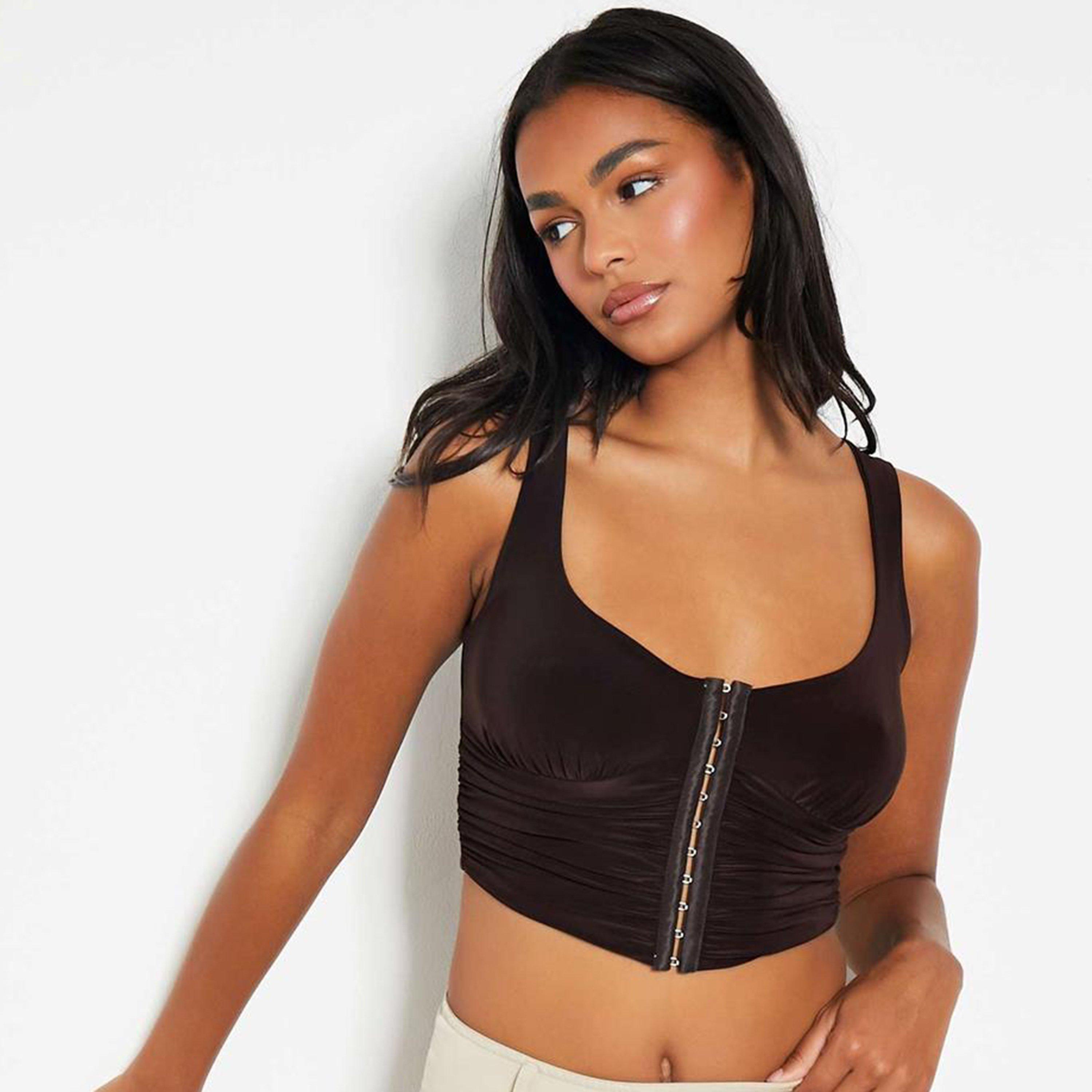 Brown - I Saw It First - ISAWITFIRST Slinky Hook And Eye Bust Detail Corset Crop Top - 1