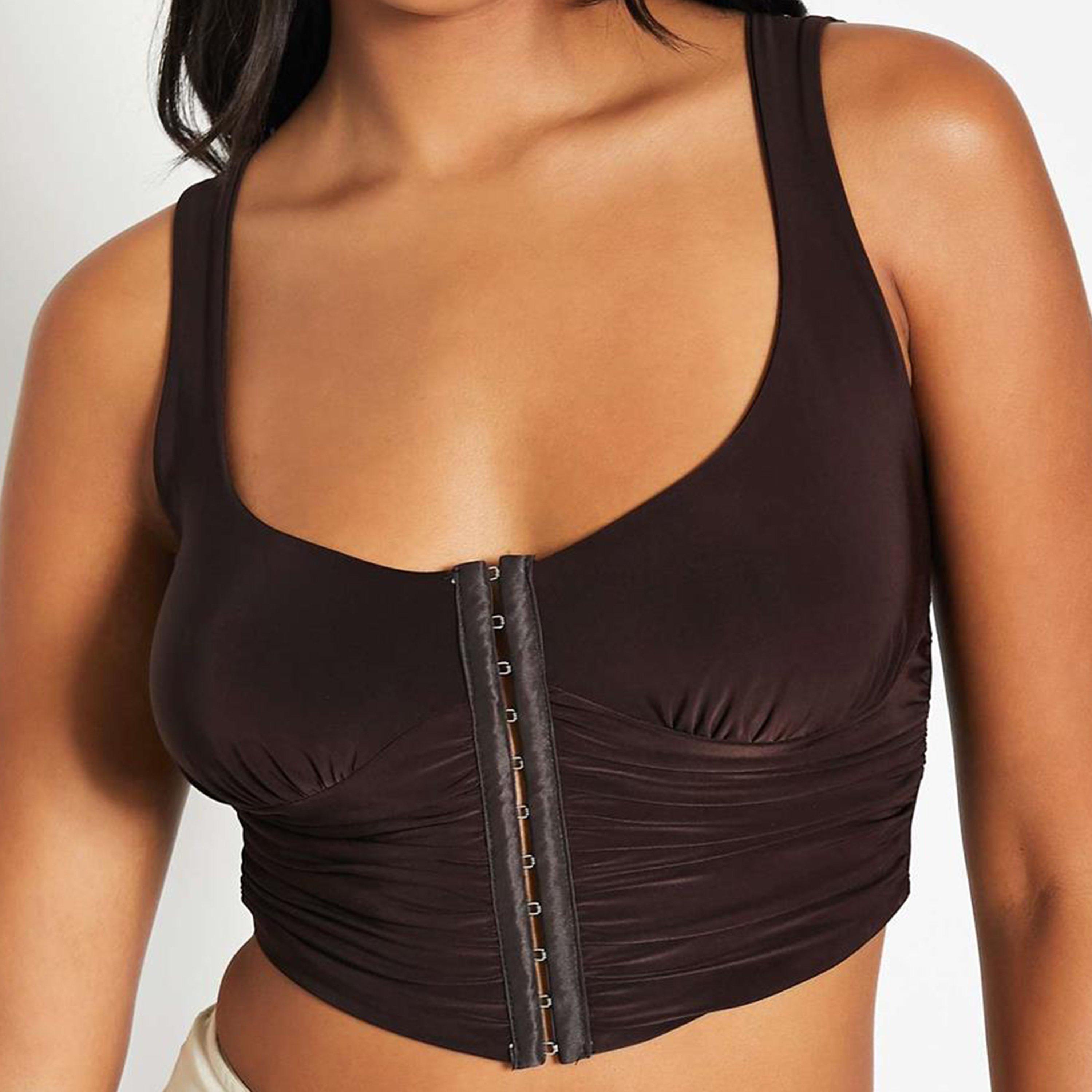 Brown - I Saw It First - ISAWITFIRST Slinky Hook And Eye Bust Detail Corset Crop Top - 5
