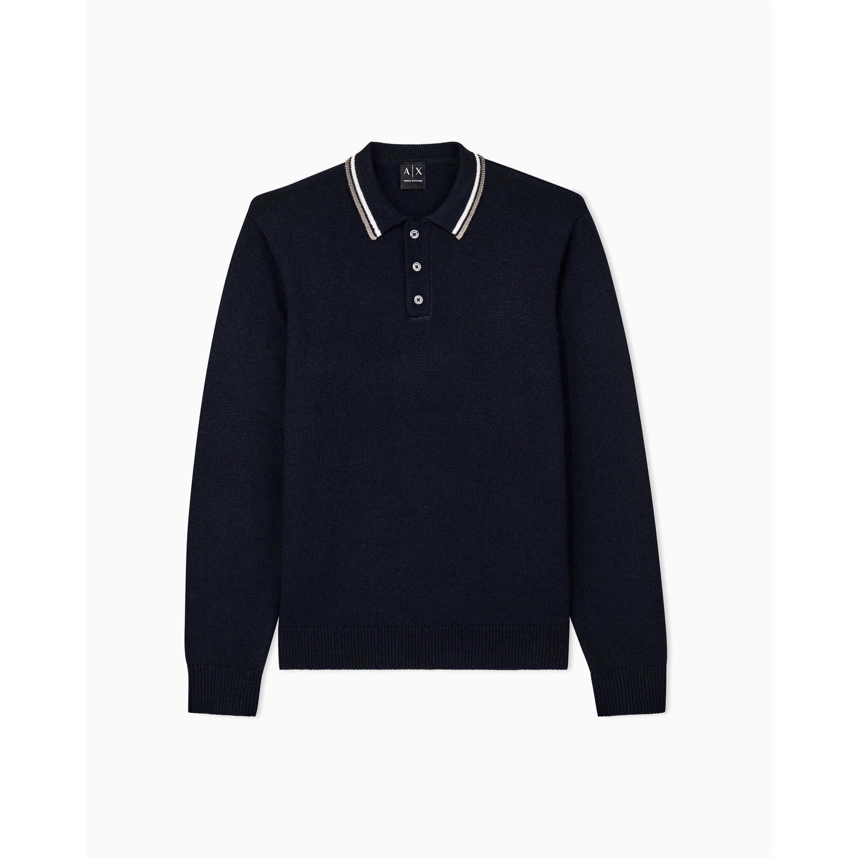 Deep Navy - Armani Exchange - Men's Fine-Knit Long-Sleeve Tipped-Collar Polo - 2