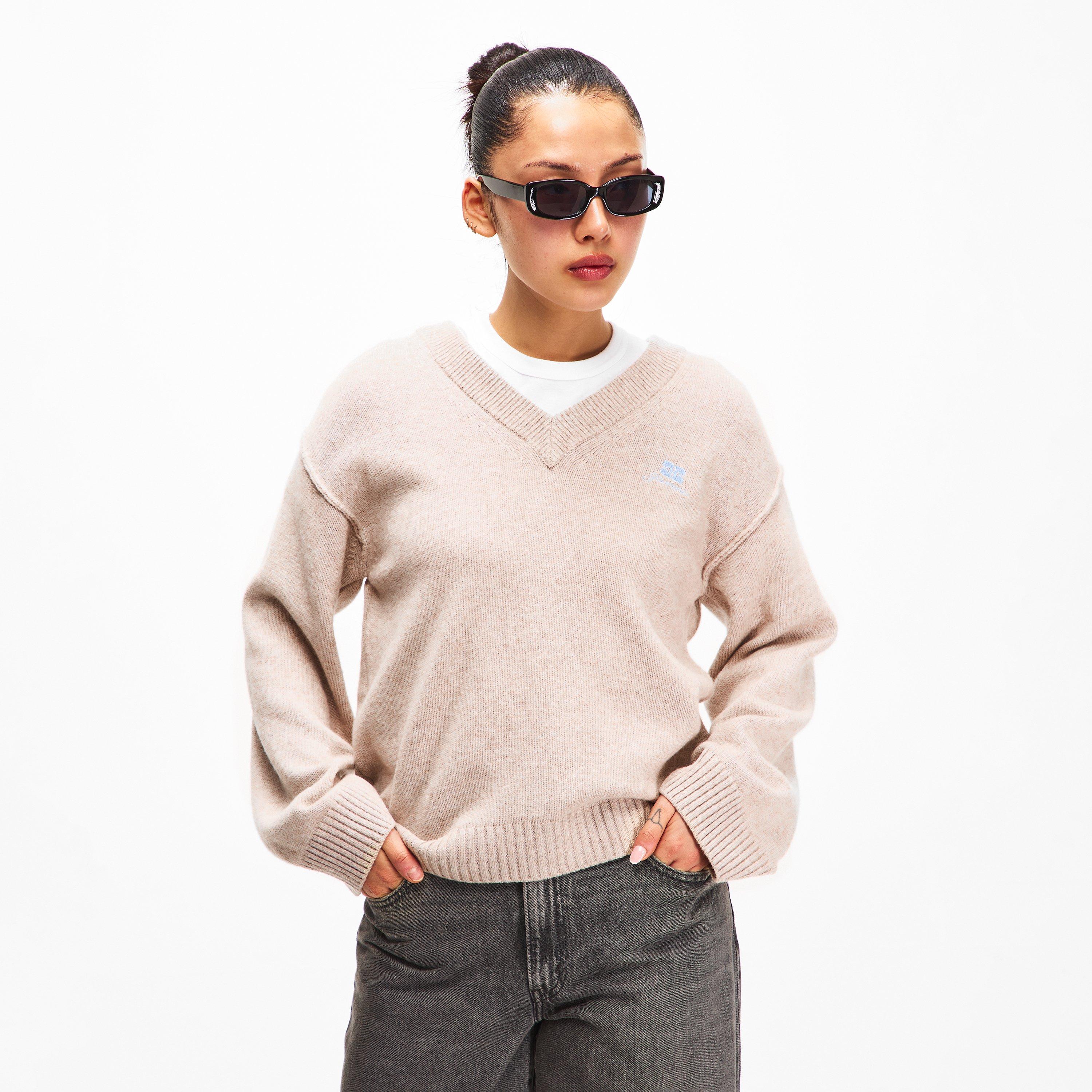 Sand - Ganni - Women's Wool Mix V-Neck Jumper - 3
