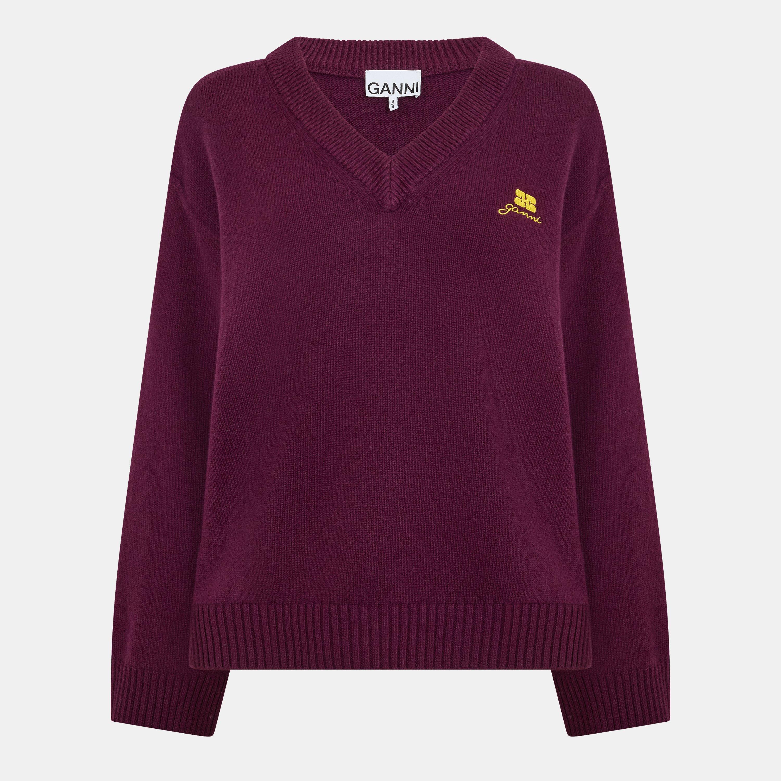 Burgundy - Ganni - Women's Wool Mix V-Neck Jumper - 1