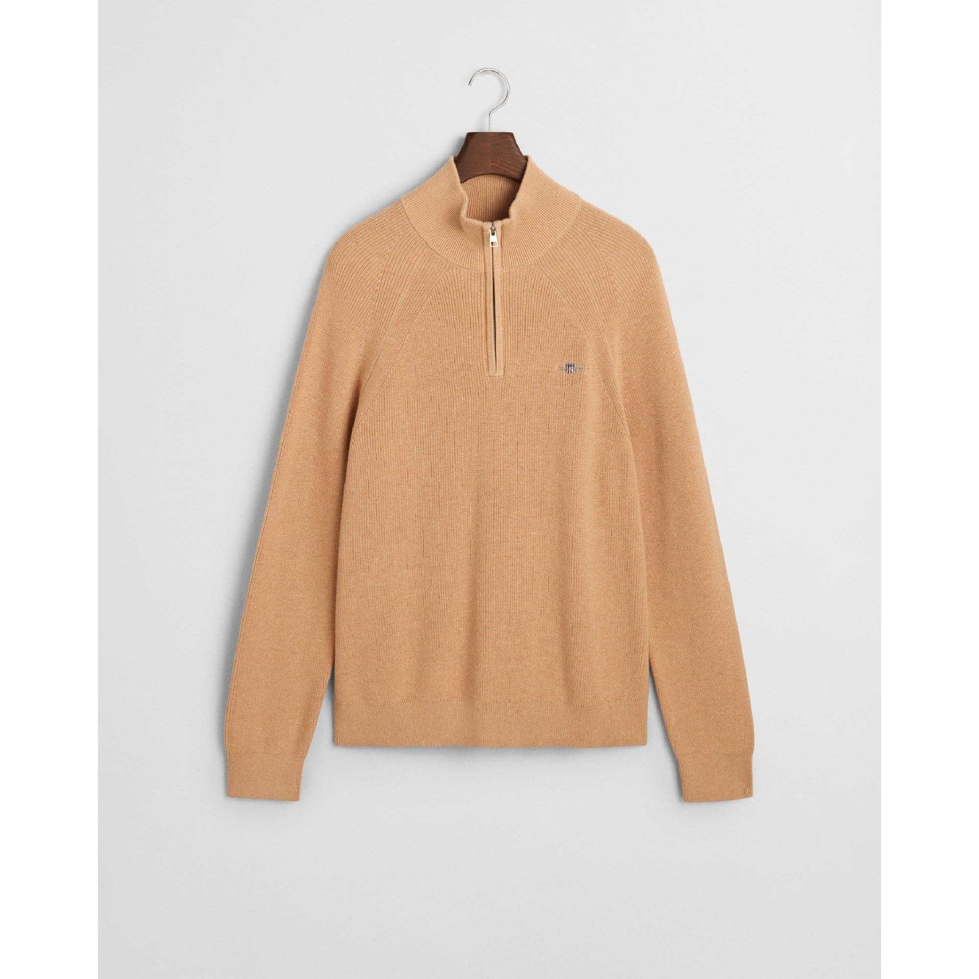 Khaki - Gant - Ribbed Cotton Wool Half-Zip Sweatshirt - 3