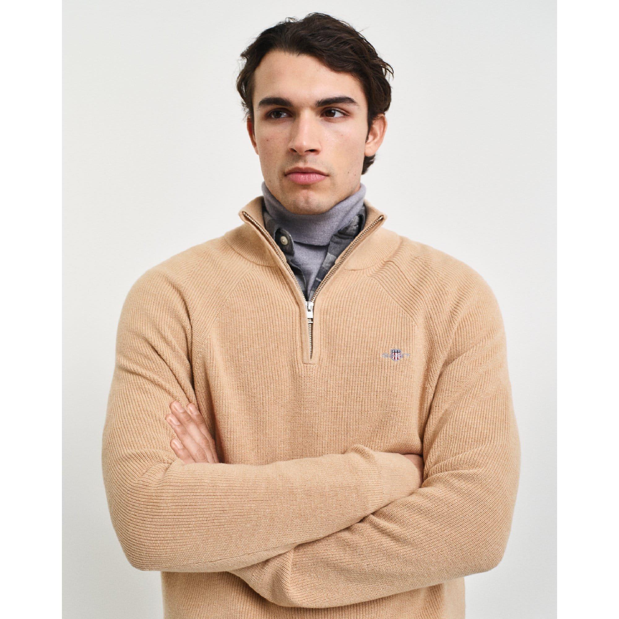 Khaki - Gant - Ribbed Cotton Wool Half-Zip Sweatshirt - 4