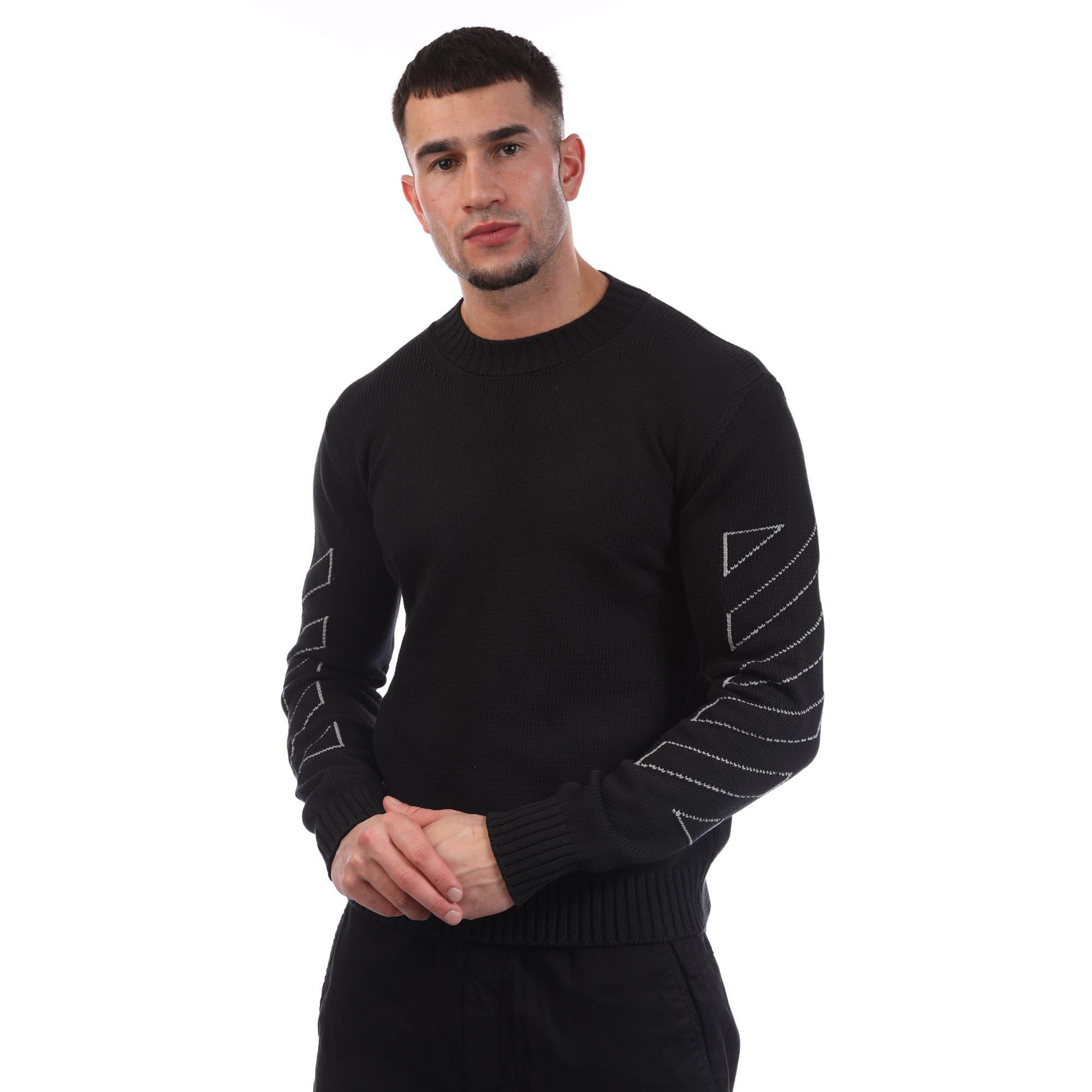 Black Grey - Off White - Diagonal Outline Knit Crewneck Sweatshirt - 3