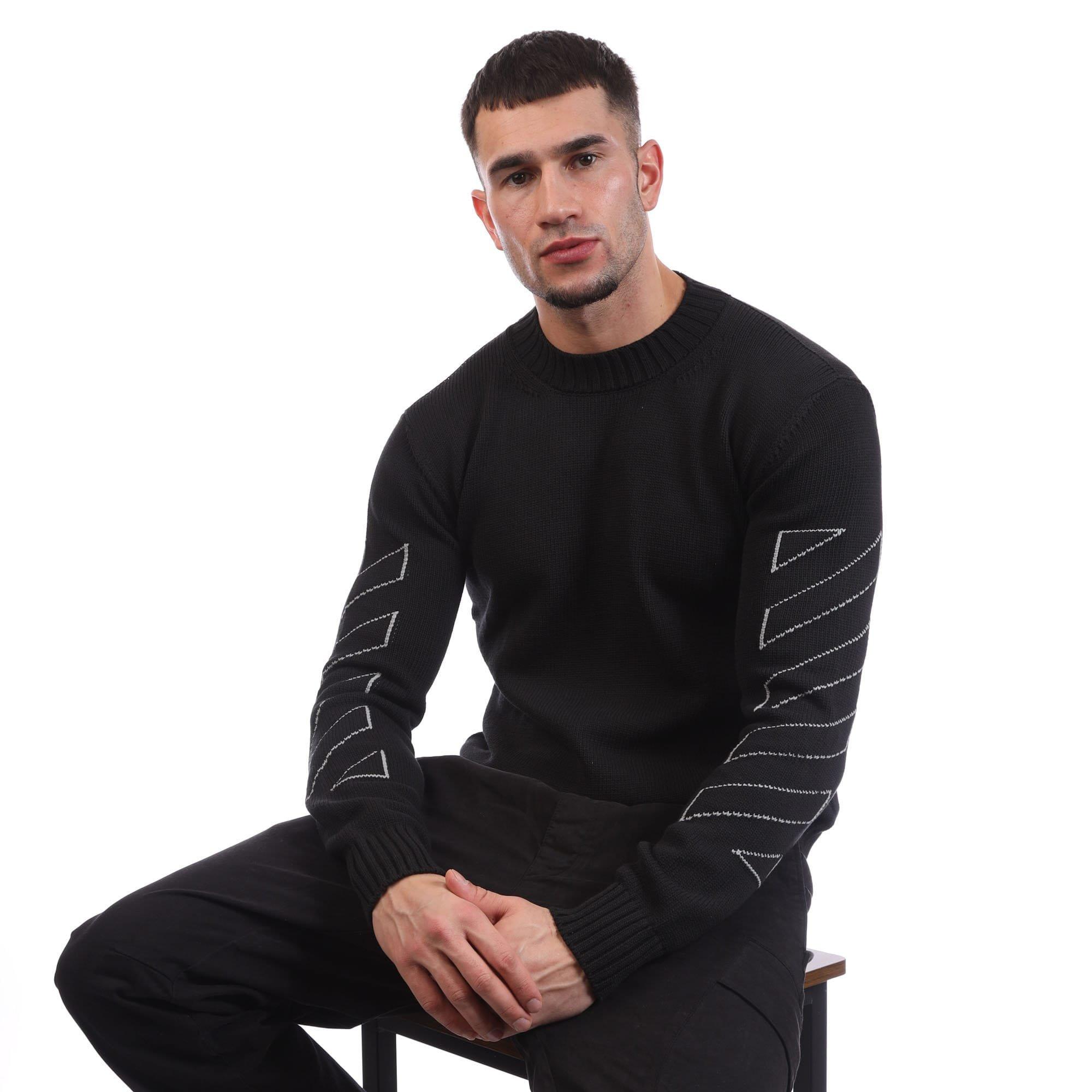 Black Grey - Off White - Diagonal Outline Knit Crewneck Sweatshirt - 5