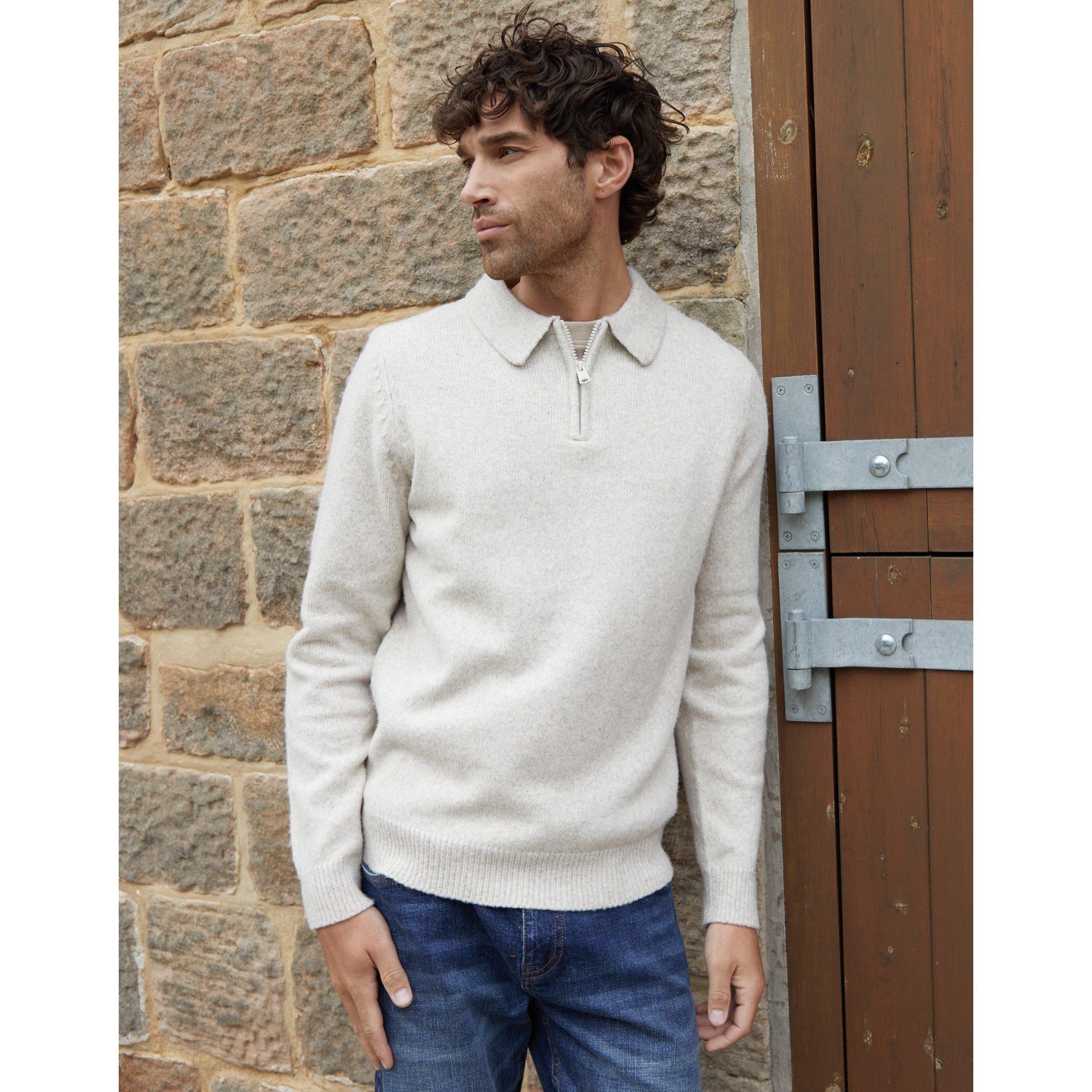 Ecru Marl - Threadbare - Men's Windermere Long Sleeve Zip Knitted Polo Shirt - 1