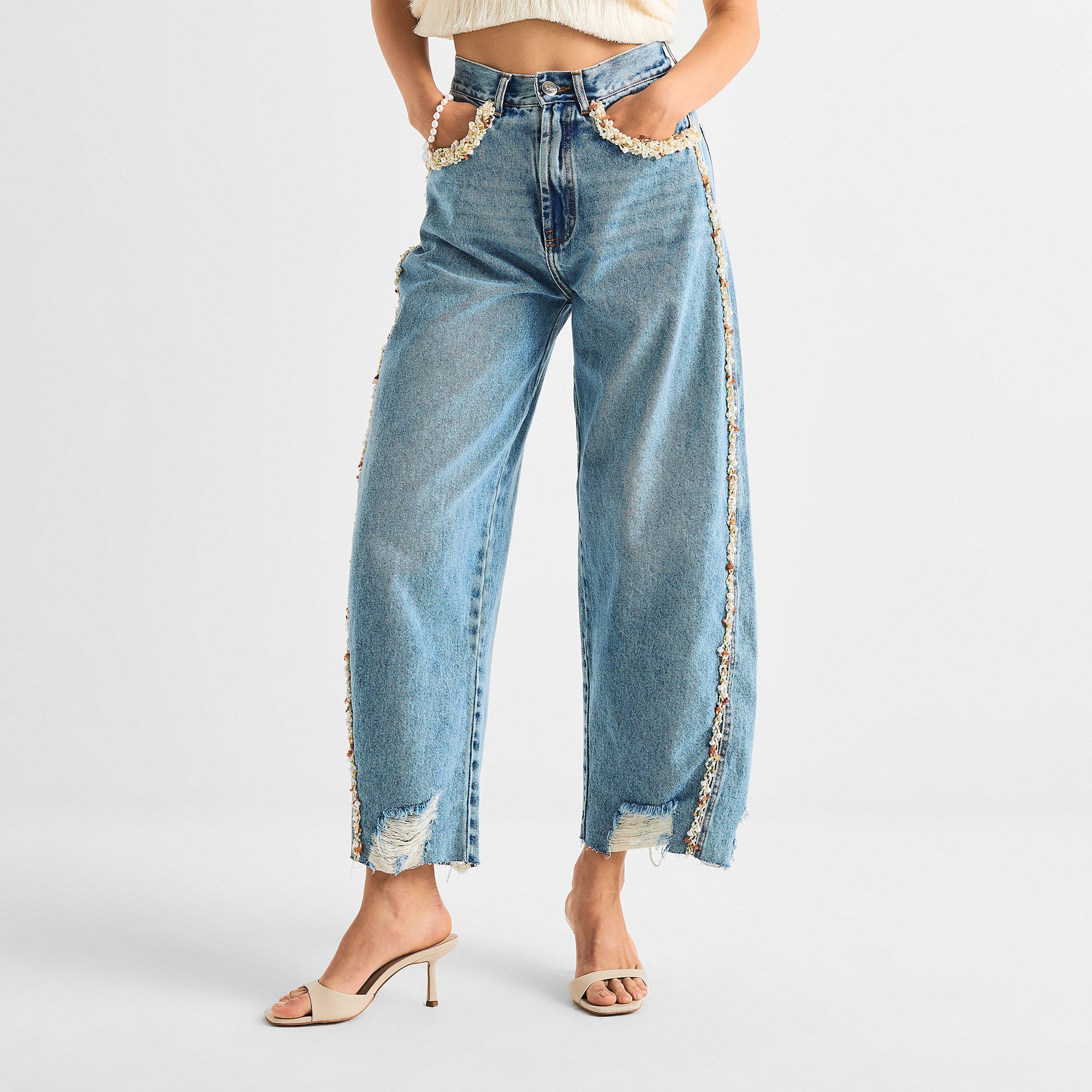 Blue - Patbo - Women's Camila Bead Denim Wide Leg Jeans - 3