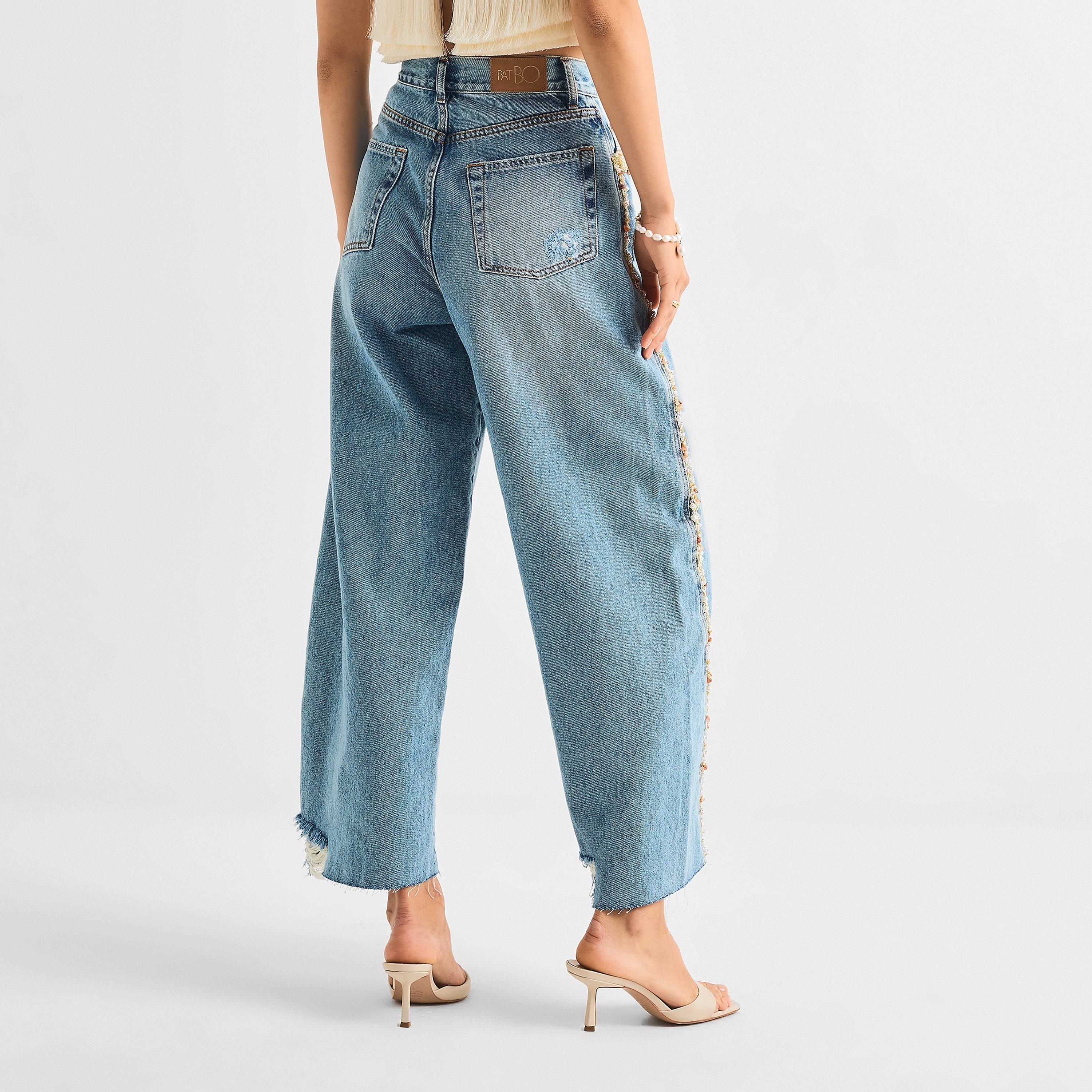 Blue - Patbo - Women's Camila Bead Denim Wide Leg Jeans - 4