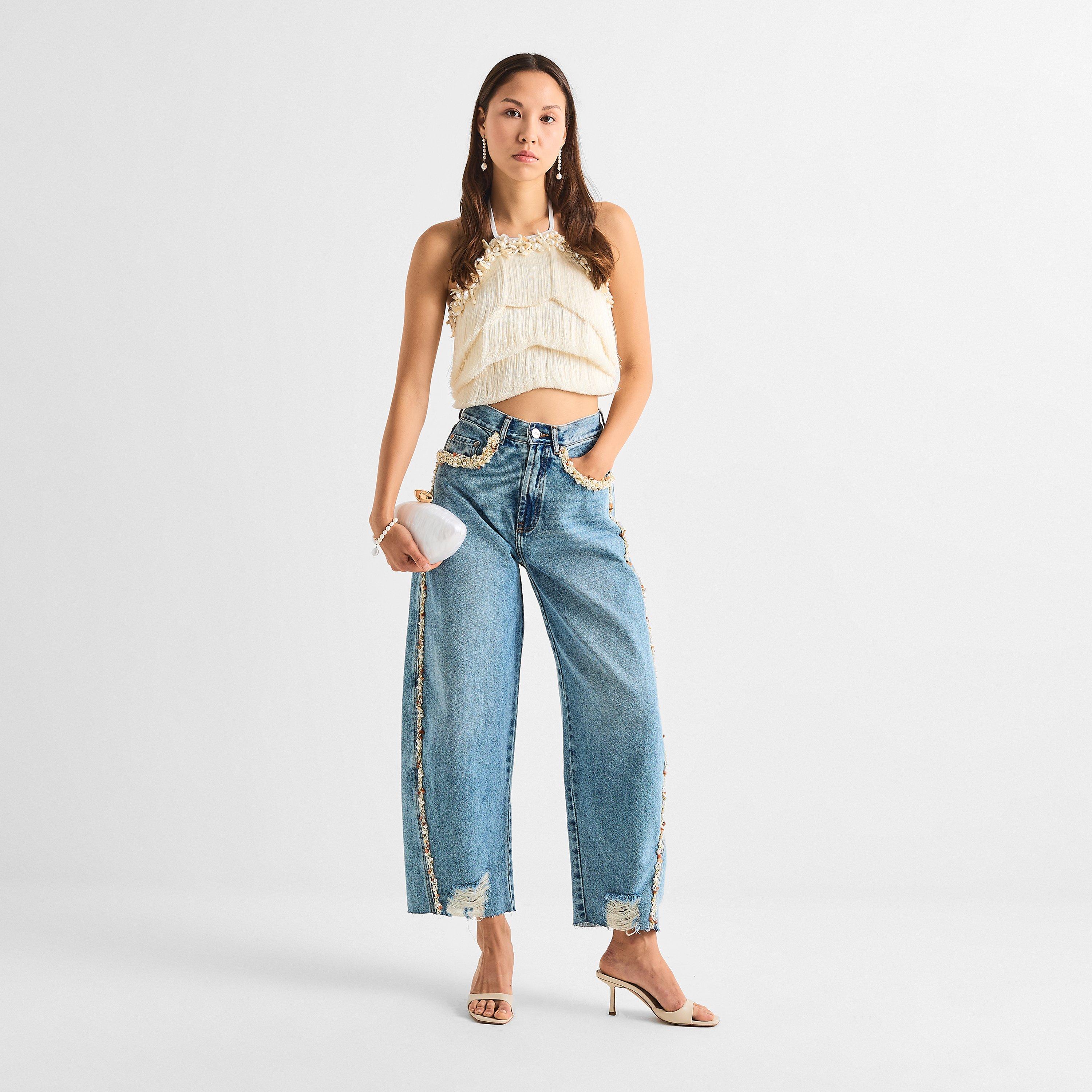 Blue - Patbo - Women's Camila Bead Denim Wide Leg Jeans - 6