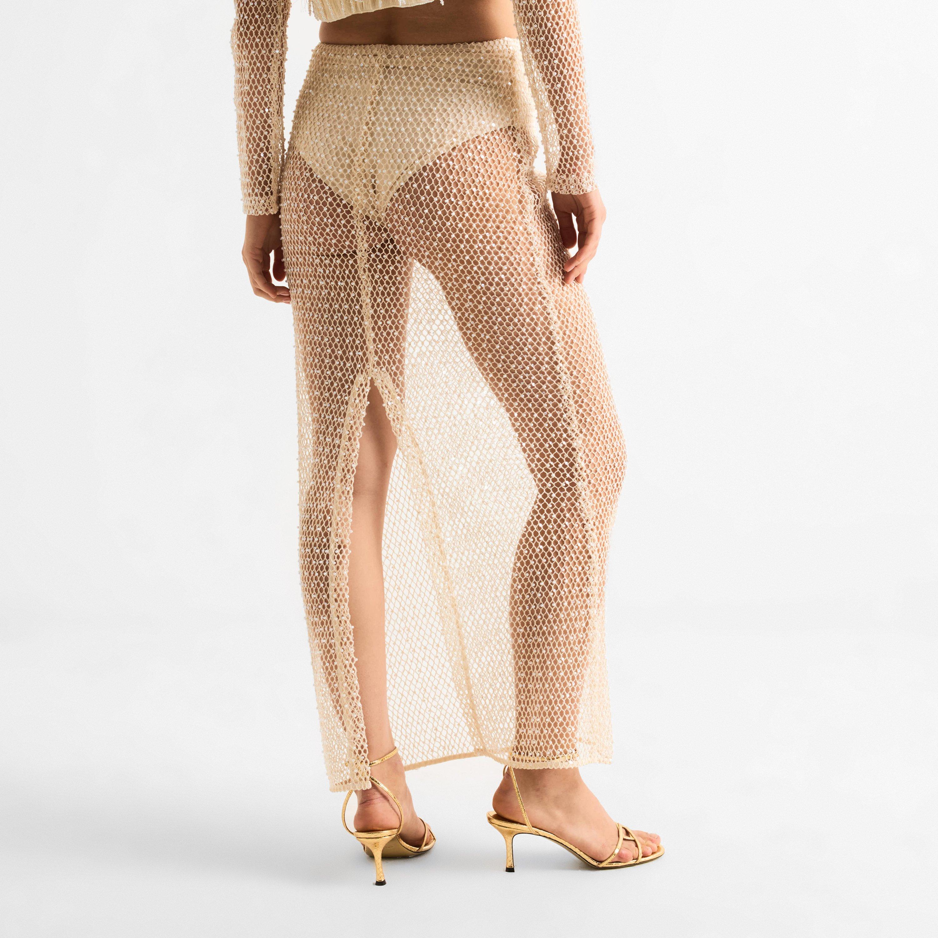 Beige - Patbo - Women's Crochet Bloom Maxi Skirt - 4