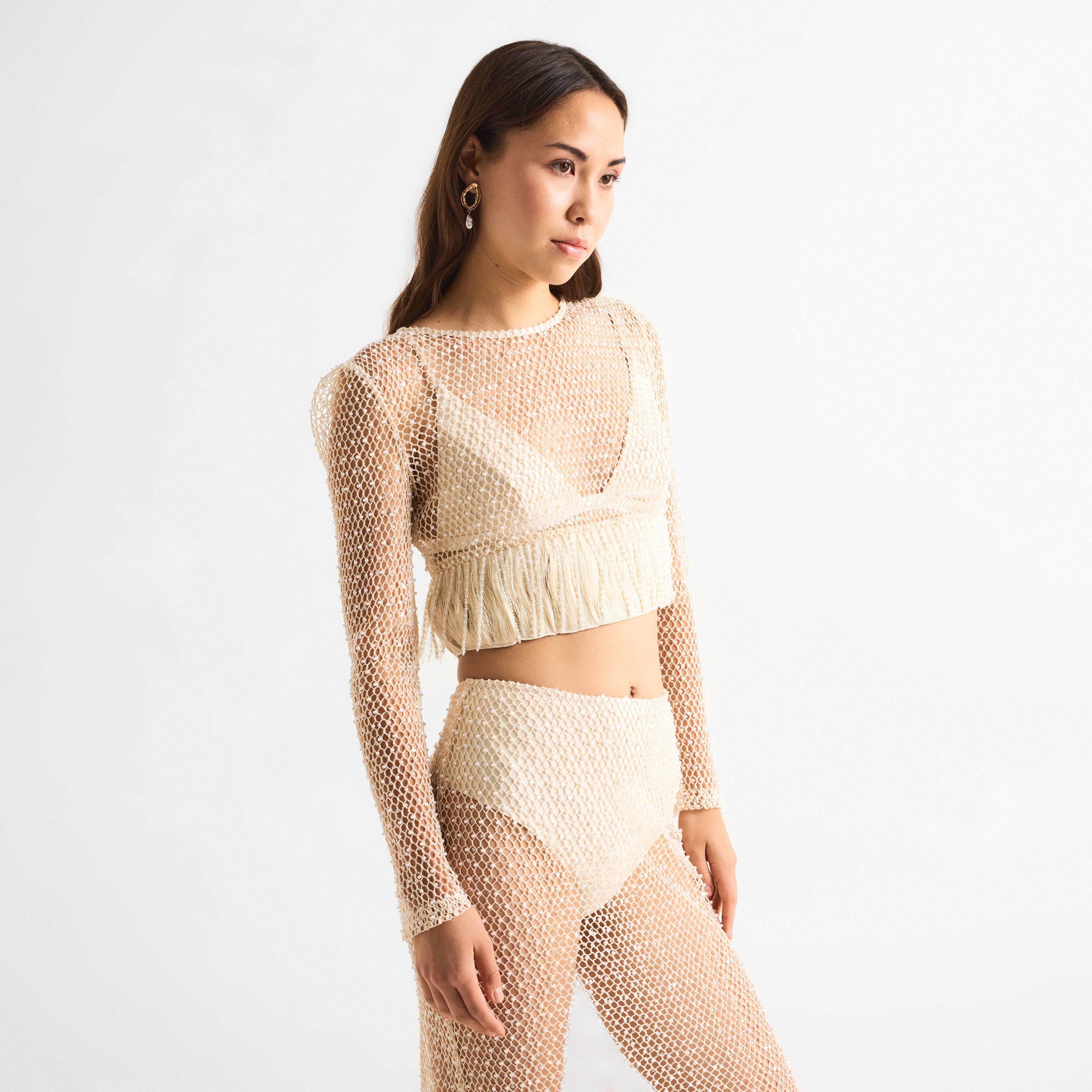 Beige - Patbo - Women's Crochet Bloom Cut Out Top - 3