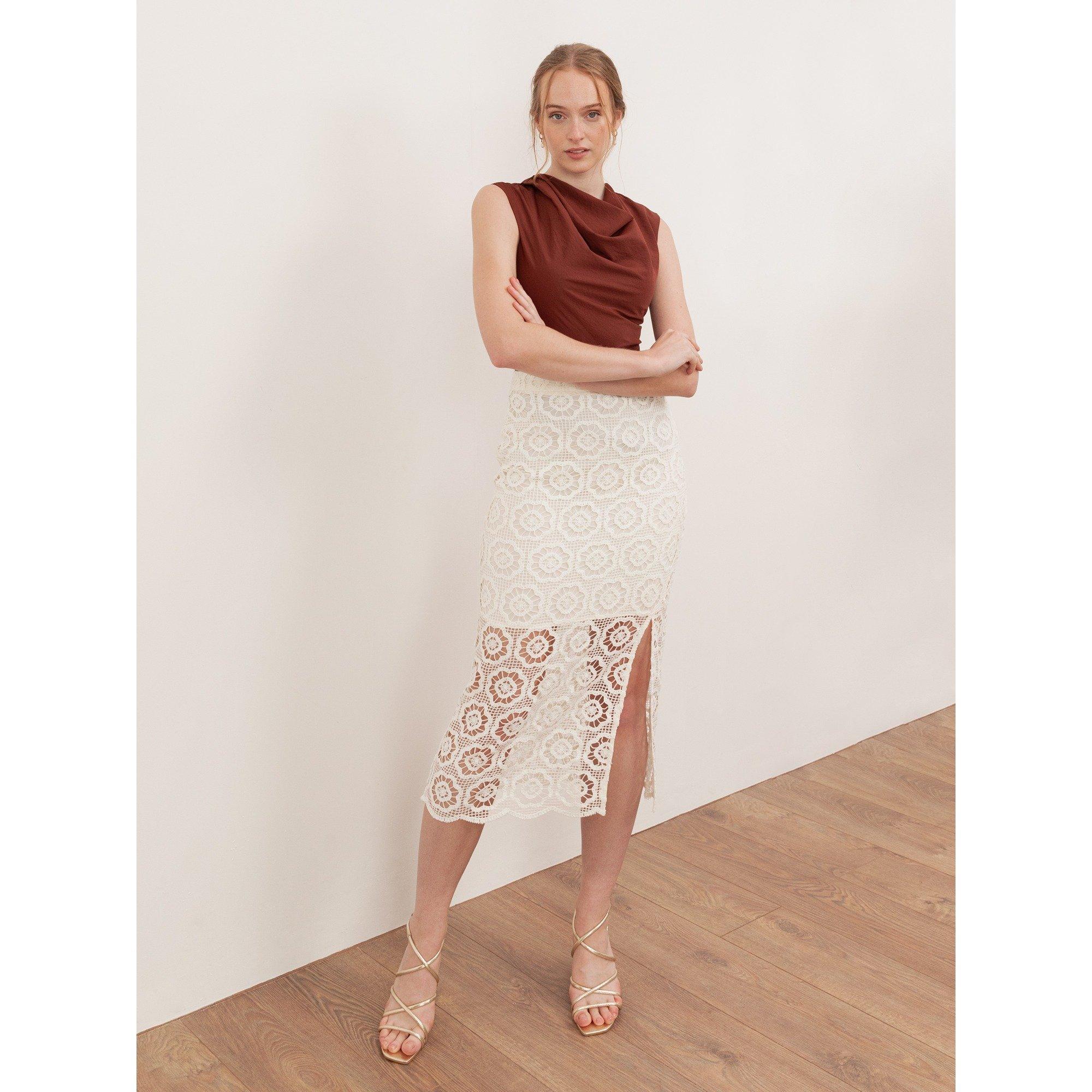 Lovedrobe Women's Crochet Lace Midi Skirt Cream - 8 (XS)