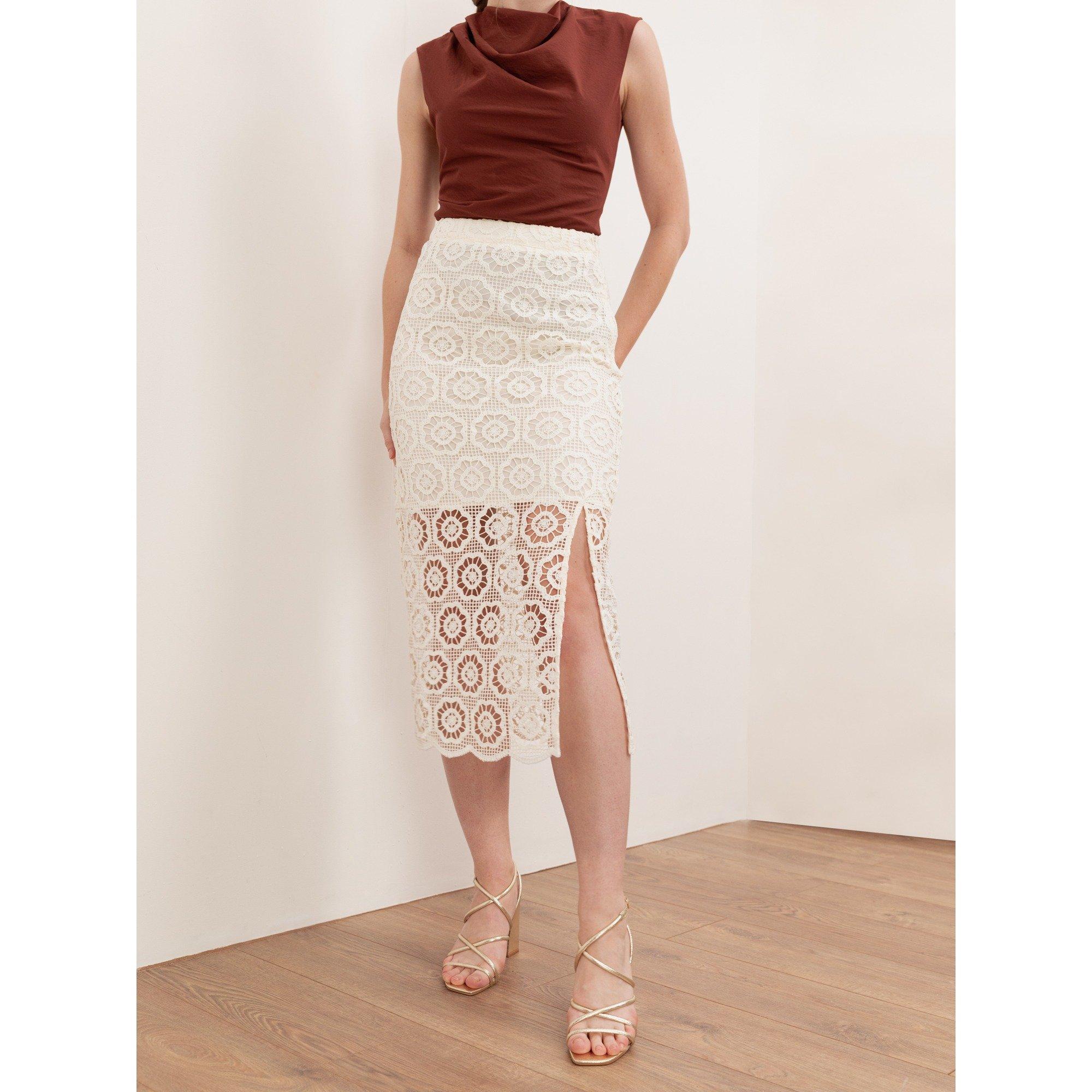 Kremasto - Lovedrobe - Lovedrobe Cream Crochet Lace Midi Skirt - 3