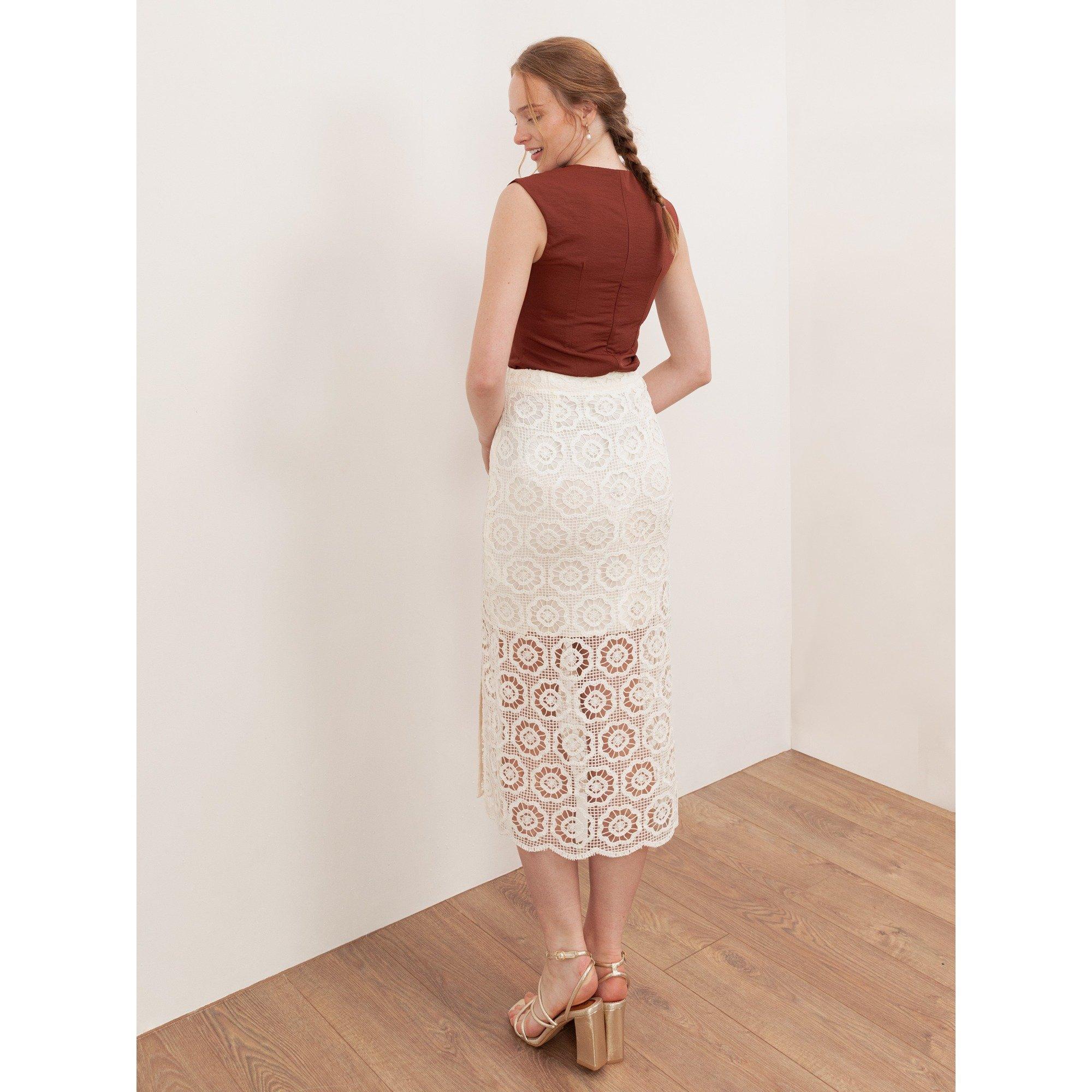 Kremasto - Lovedrobe - Lovedrobe Cream Crochet Lace Midi Skirt - 4