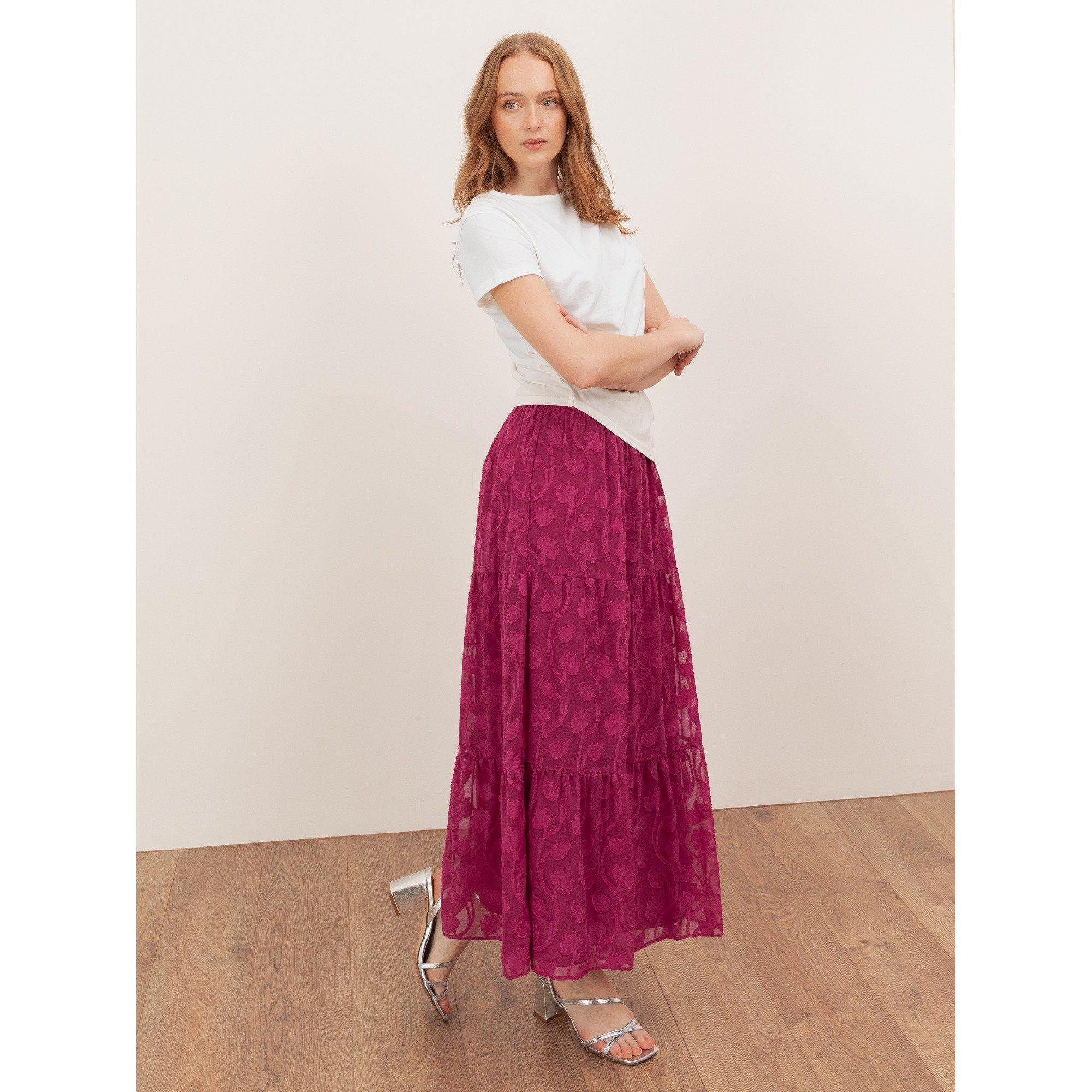 Lovedrobe Women's Floral Burnout Tiered Maxi Skirt Fuchsia - 12 (M)