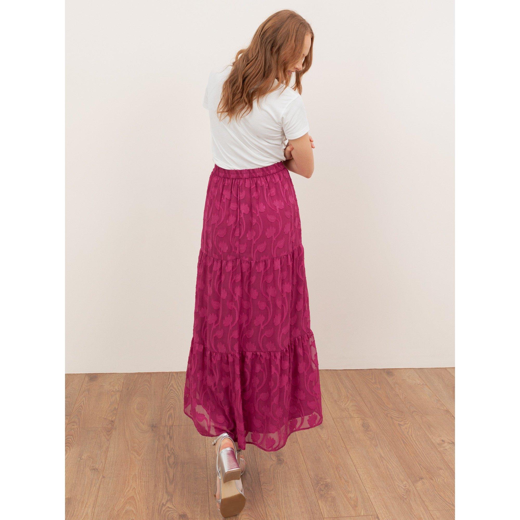 Fuchsia - Lovedrobe - Lovedrobe Fuchsia Floral Burnout Tiered Maxi Skirt - 2