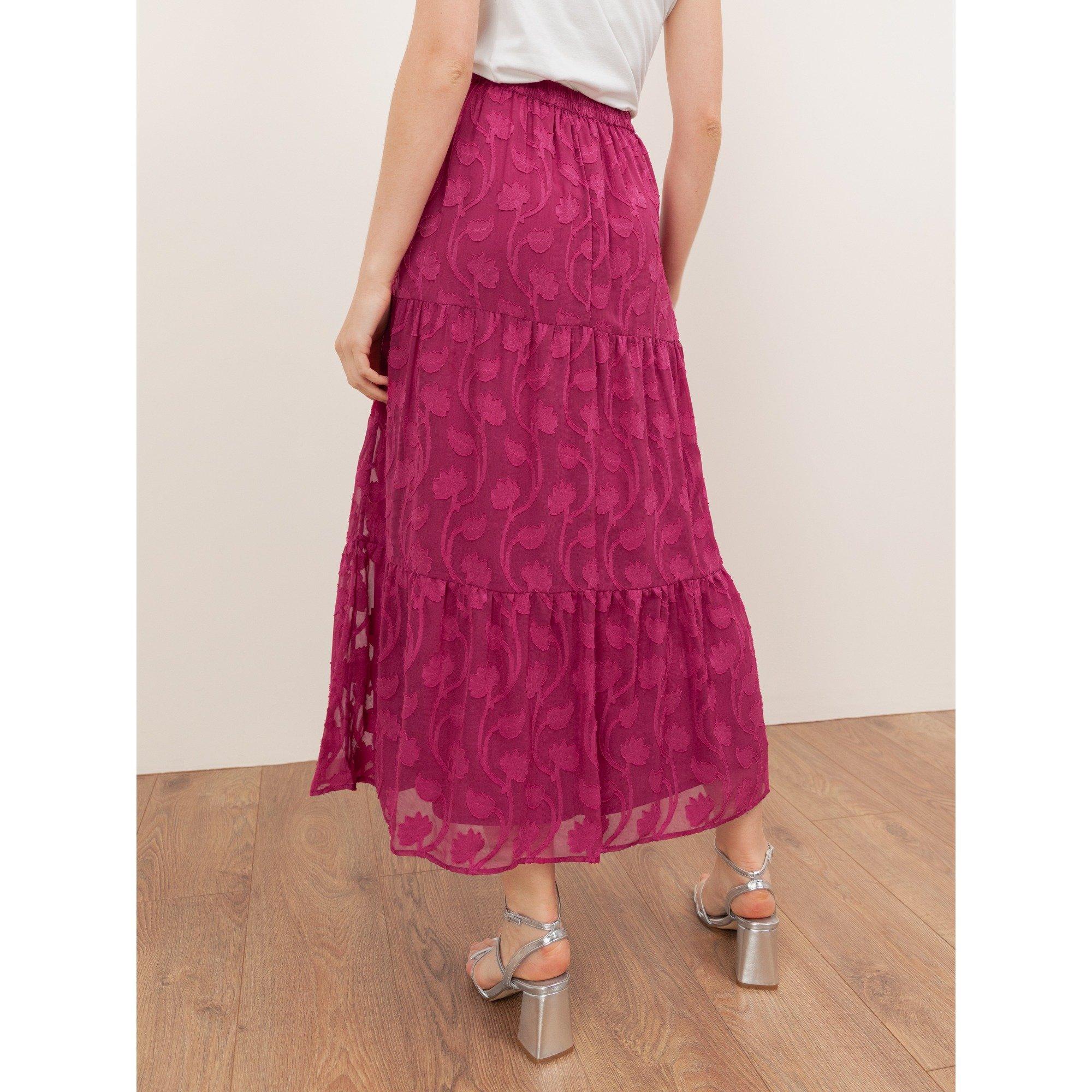 Fuchsia - Lovedrobe - Lovedrobe Fuchsia Floral Burnout Tiered Maxi Skirt - 4