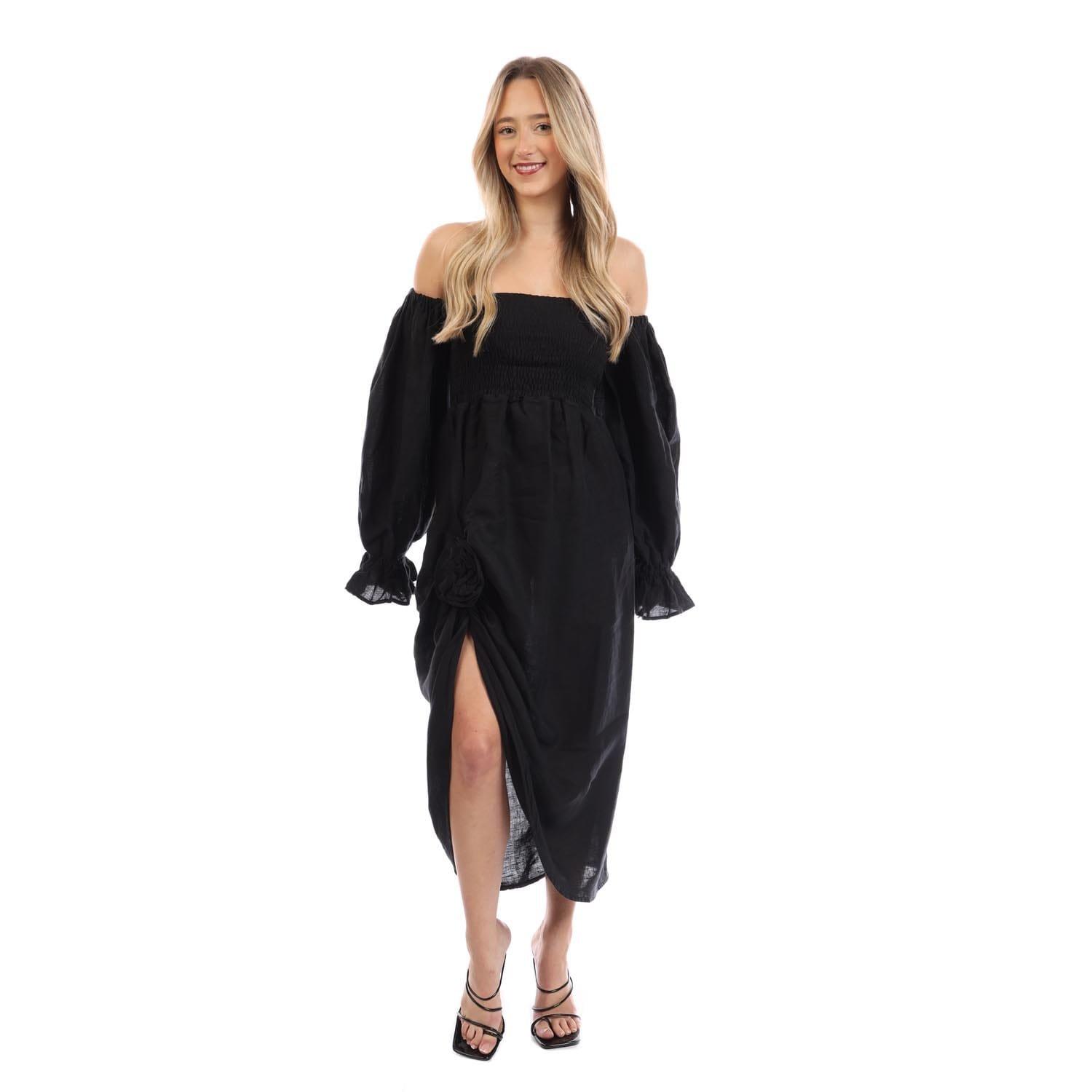 Black - Sleeper - Atlanta Linen Dress With Rose Detail - 2