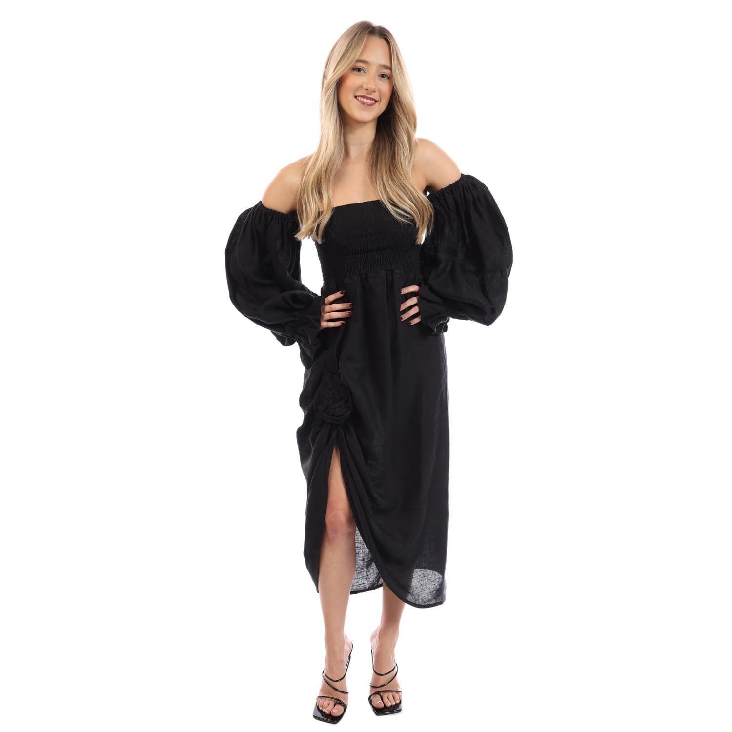 Black - Sleeper - Atlanta Linen Dress With Rose Detail - 3