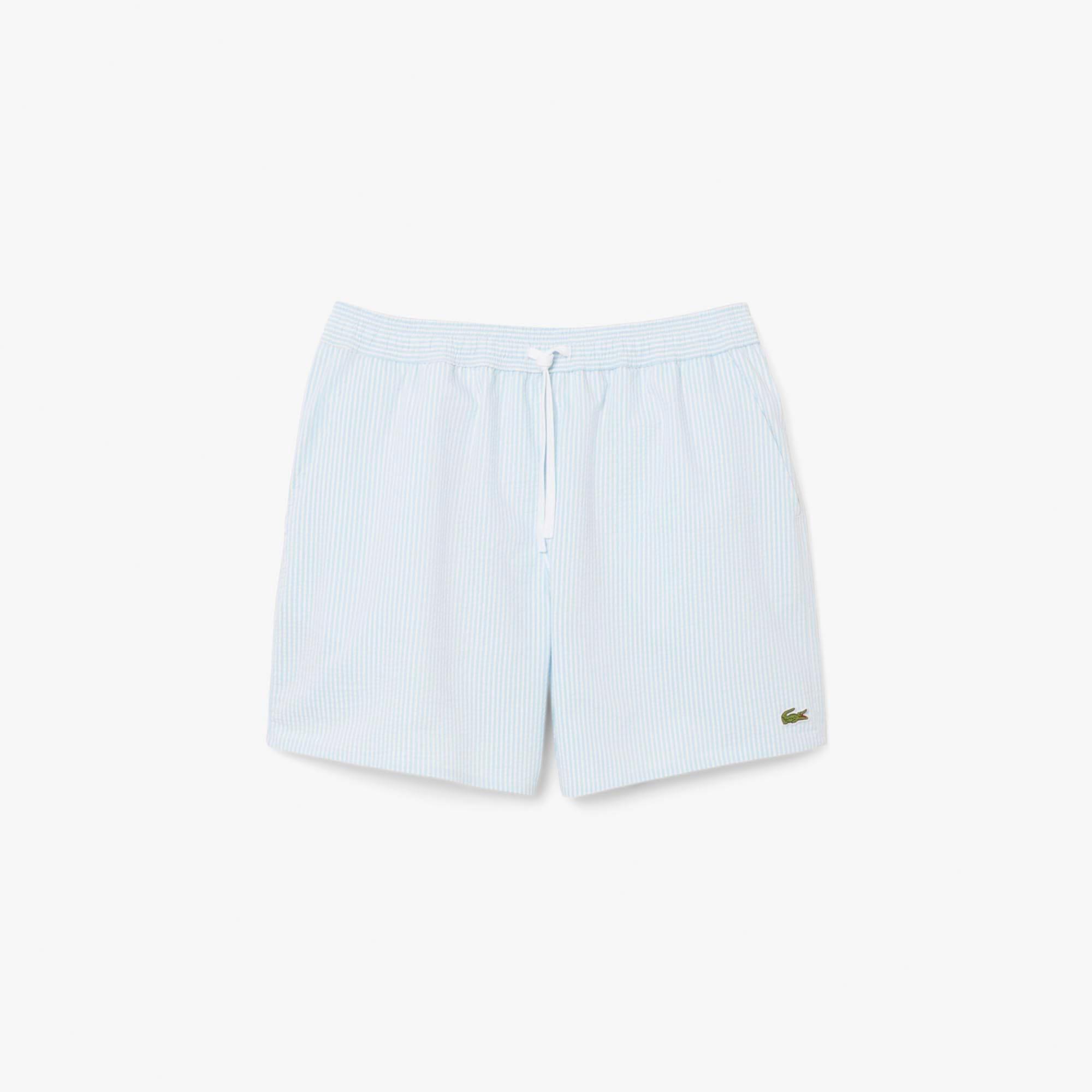White - Lacoste - Mid-Length Striped Textured Swim Trunks - 1