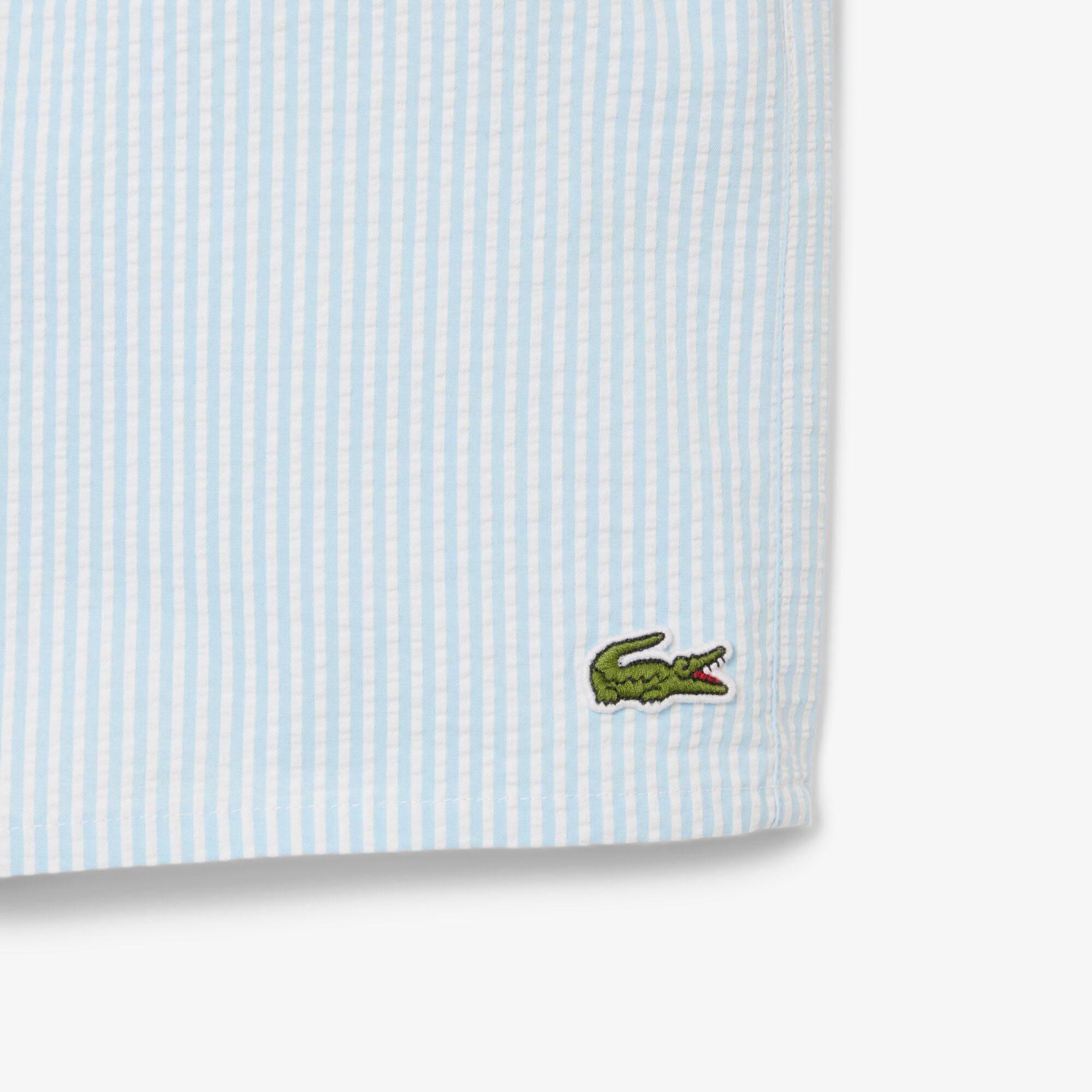 White - Lacoste - Mid-Length Striped Textured Swim Trunks - 3