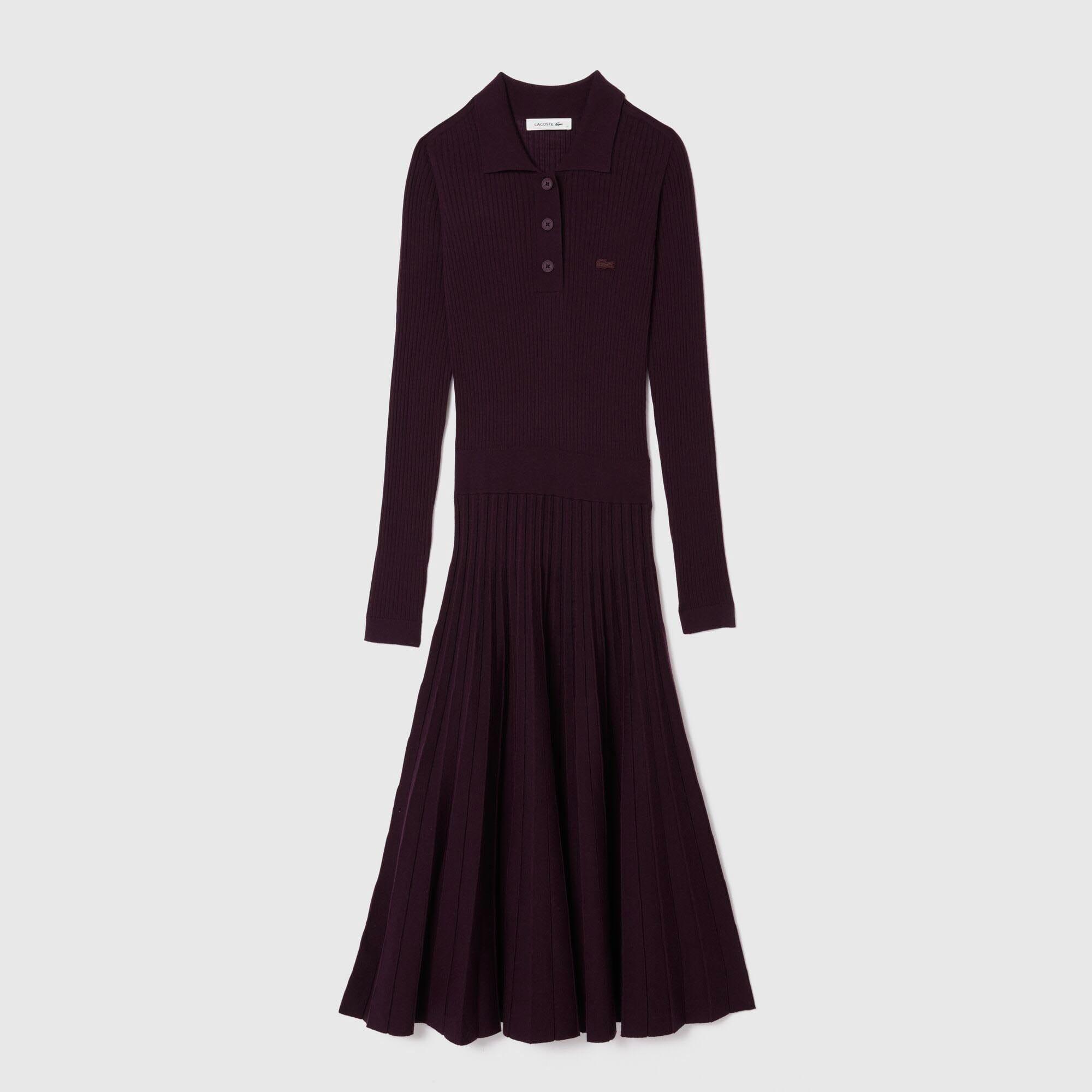 Brown - Lacoste - Long Sleeve Wool Polo Dress - 1