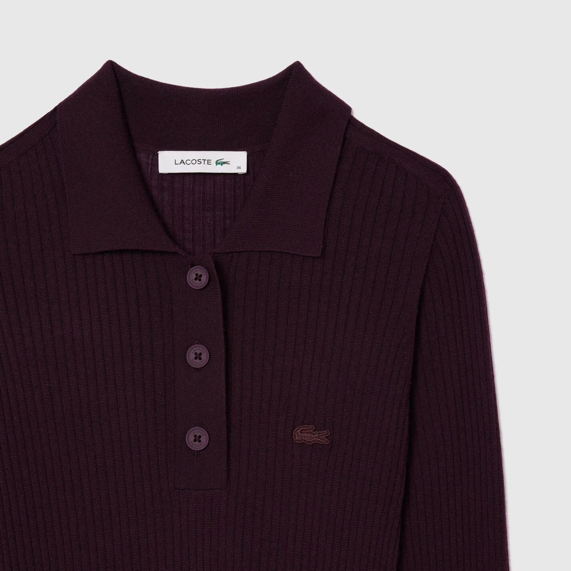 Brown - Lacoste - Long Sleeve Ribbed Wool Dress - 3