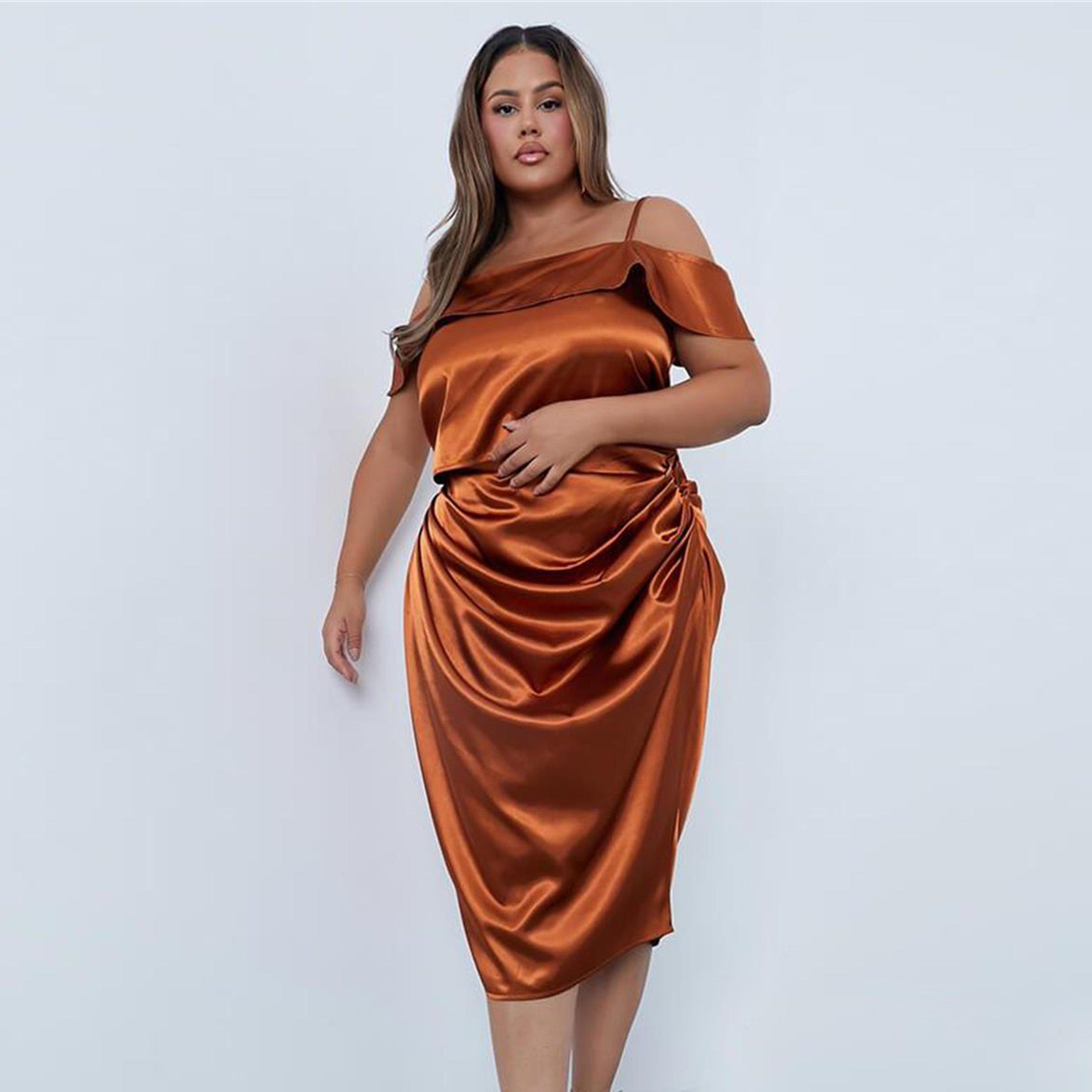 Orange - I Saw It First - ISAWITFIRST Plus Size Satin Cold Shoulder Crop Top - 3