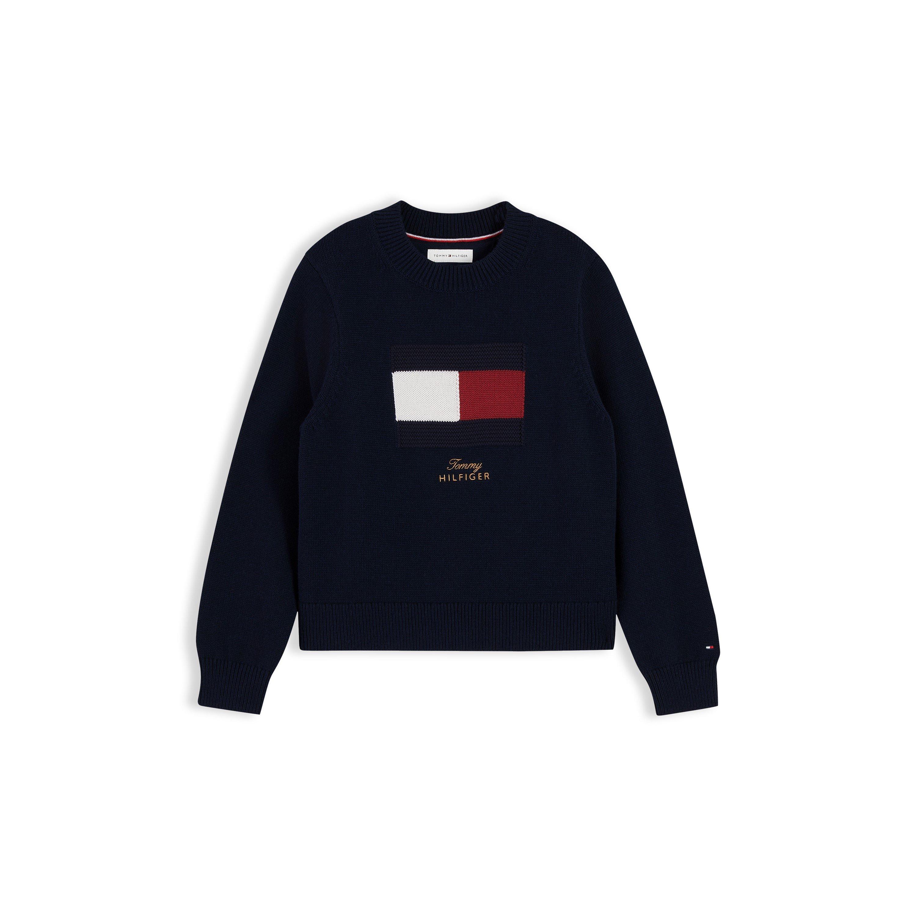 Dark Blue C1G - Tommy Hilfiger - Kids' Flag Cotton Long-Sleeve Crew-Neck Jumper - 1
