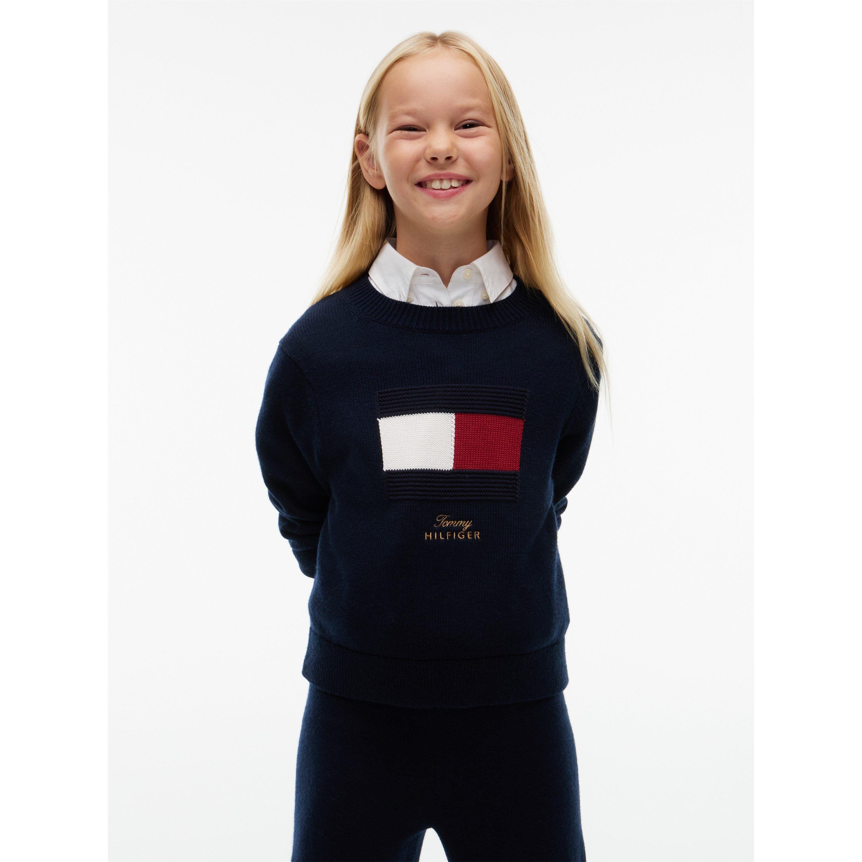Dark Blue C1G - Tommy Hilfiger - Kids' Flag Cotton Long-Sleeve Crew-Neck Jumper - 3