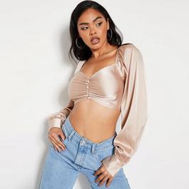 I Saw It First ISAWITFIRST Premium Satin Puff Sleeve Button Detail Crop Top
