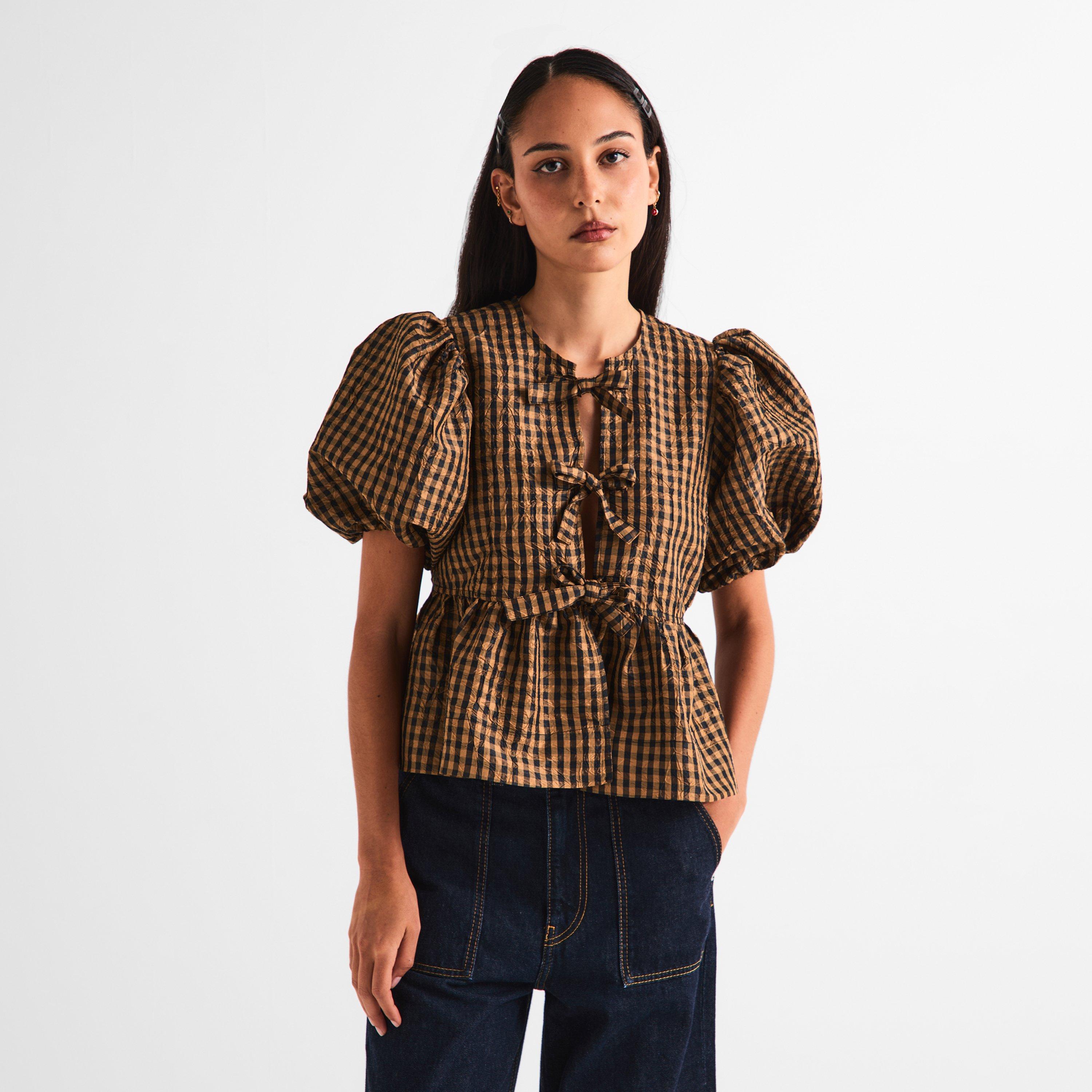Tobacco Brown - Ganni - Women's Crinkle Peplum Blouse - 3