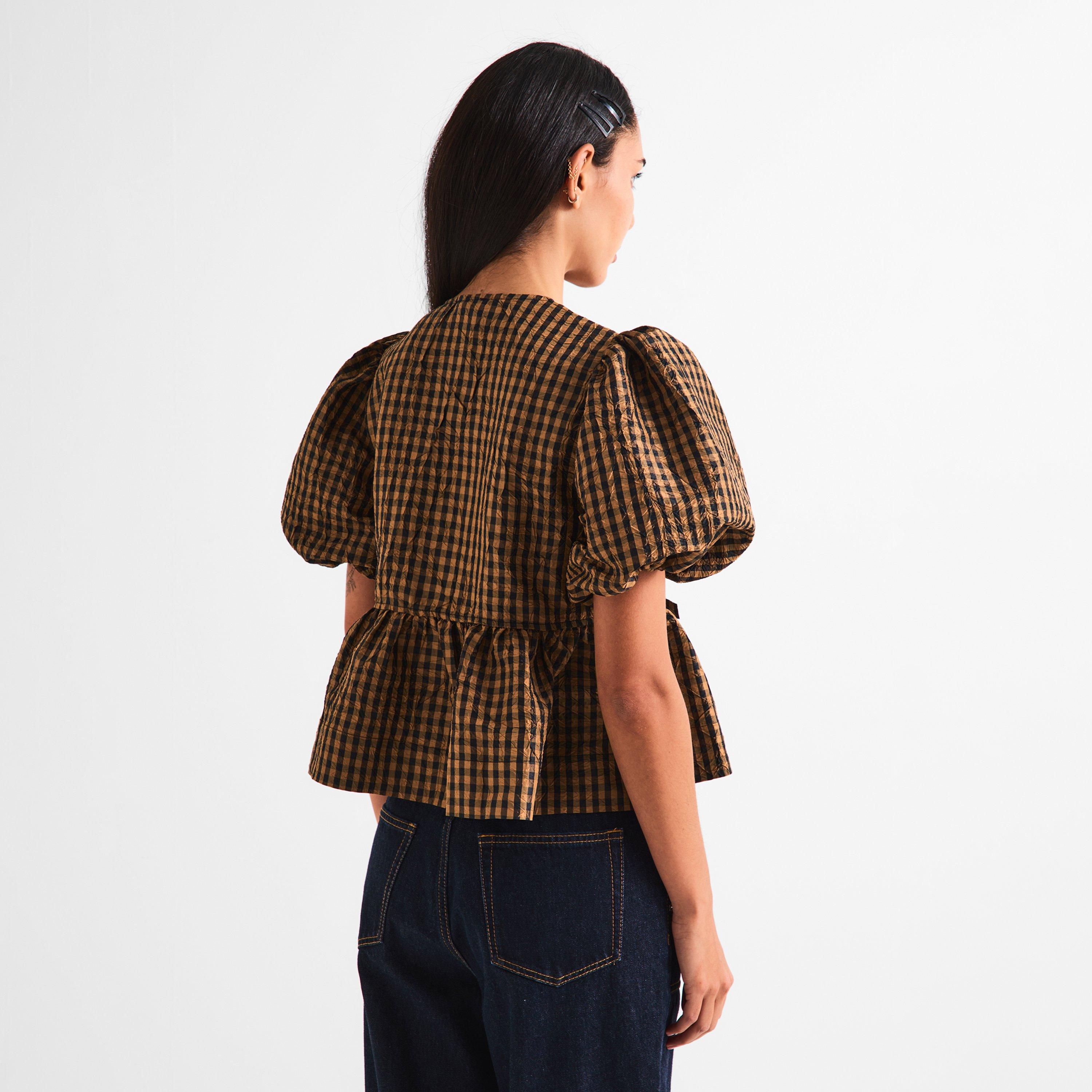 Tobacco Brown - Ganni - Women's Crinkle Peplum Blouse - 4
