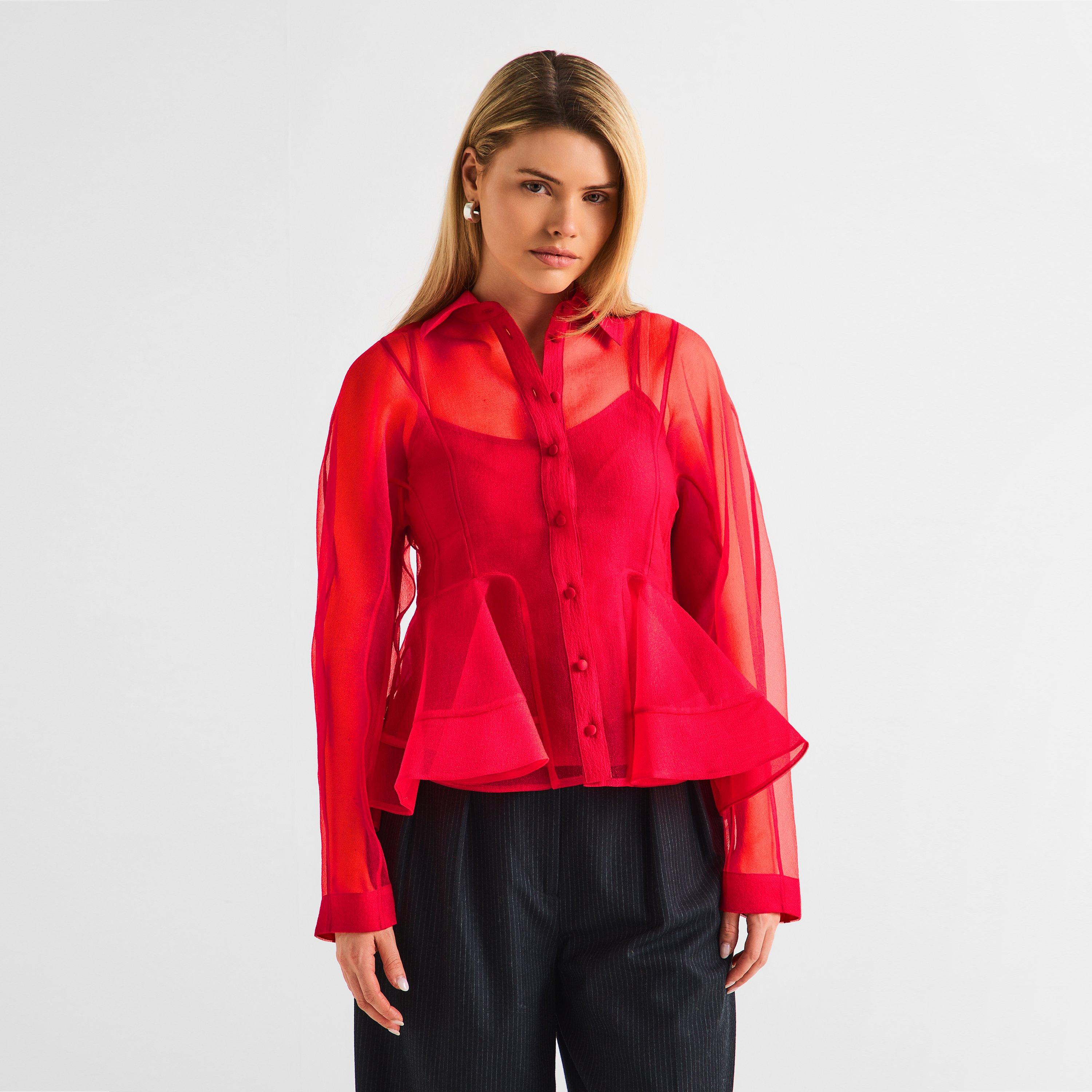 Mars Red - Ganni - Women's Organised Peplum Blouse - 3