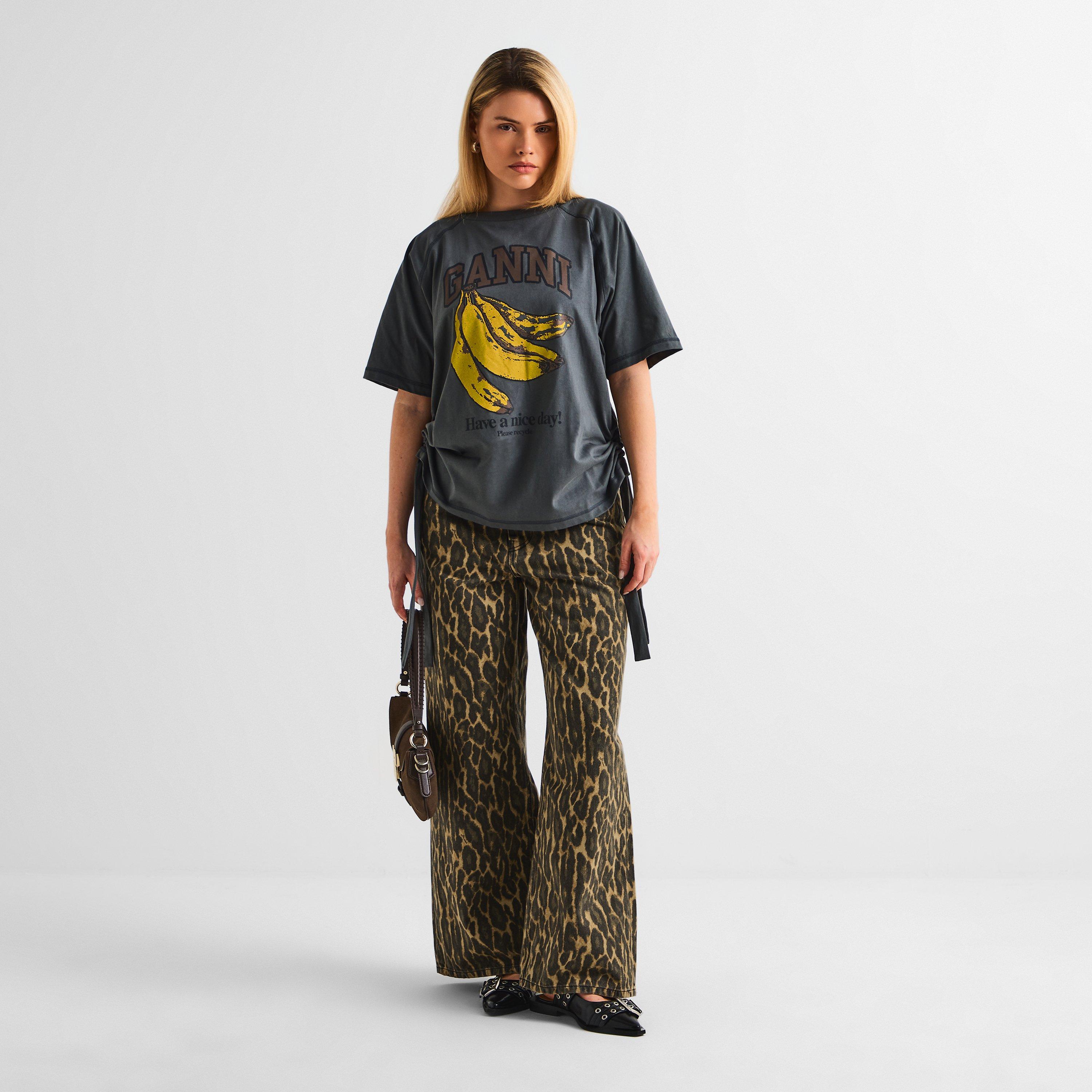 Khaki - Ganni - Women's Printed Denim Baggy Wide Leg Jeans - 6