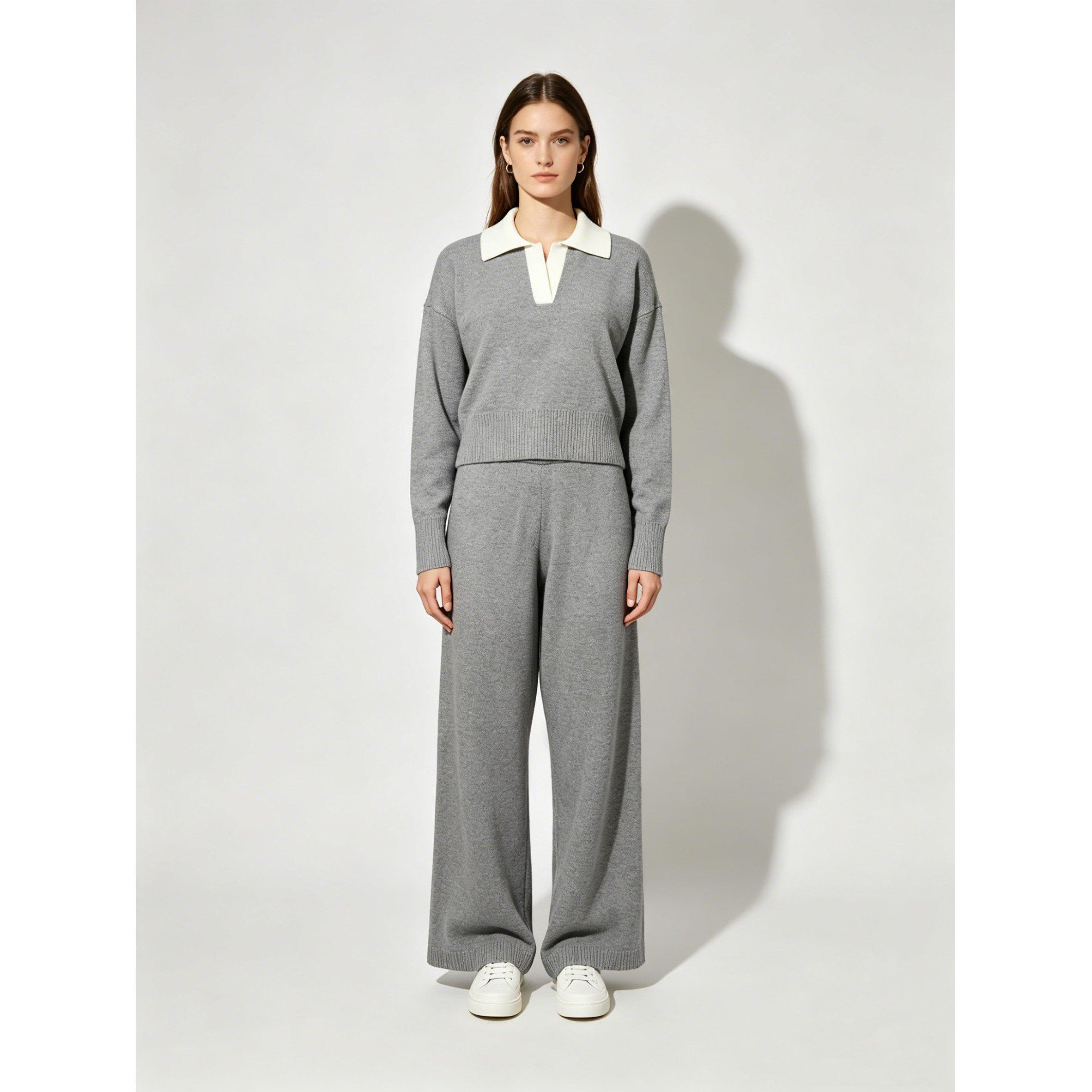 Grey - Miso - Women's V-Neck Knit Long-Sleeve Oversized-Fit Top and Trouser Set - 1