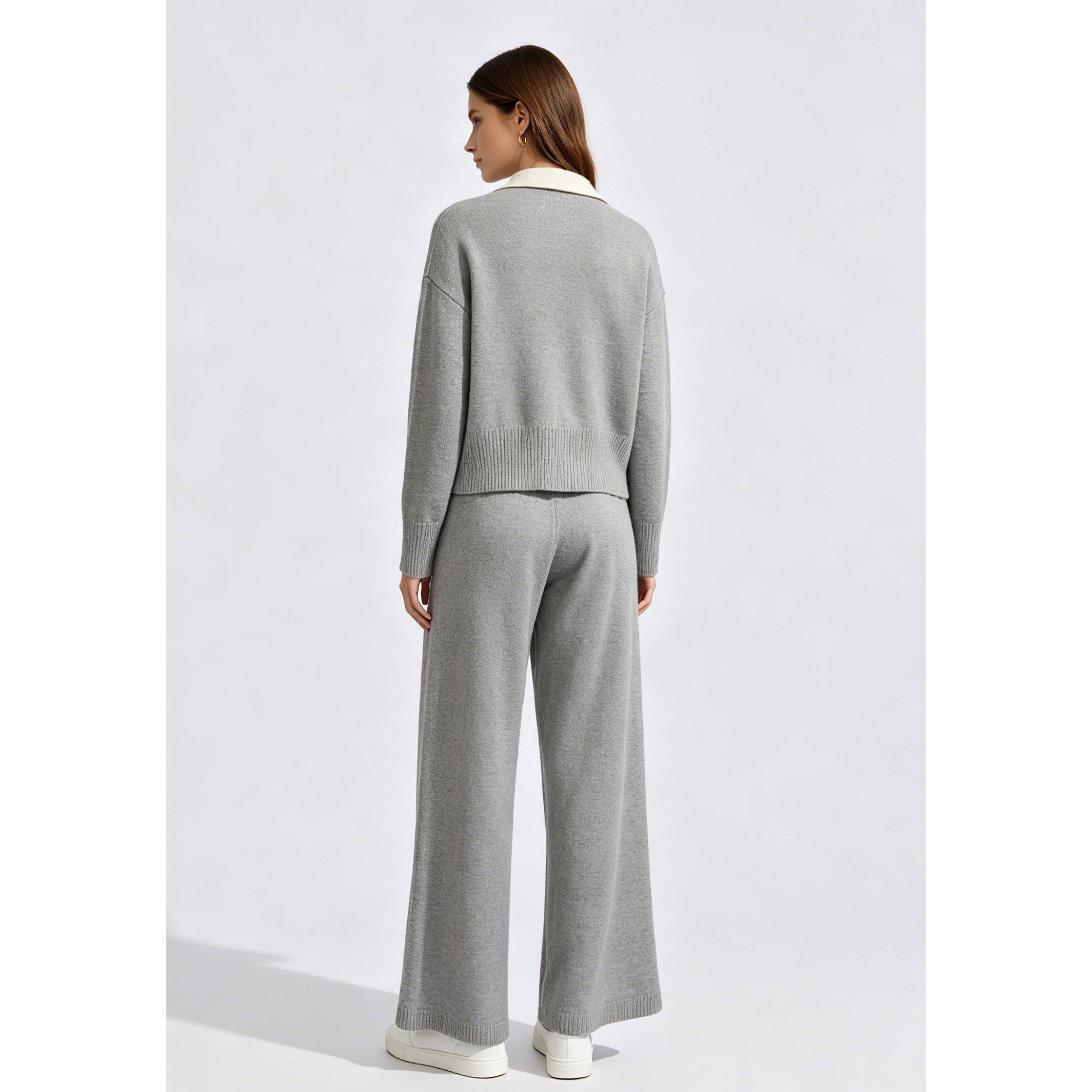 Grey - Miso - Women's V-Neck Knit Long-Sleeve Oversized-Fit Top and Trouser Set - 2