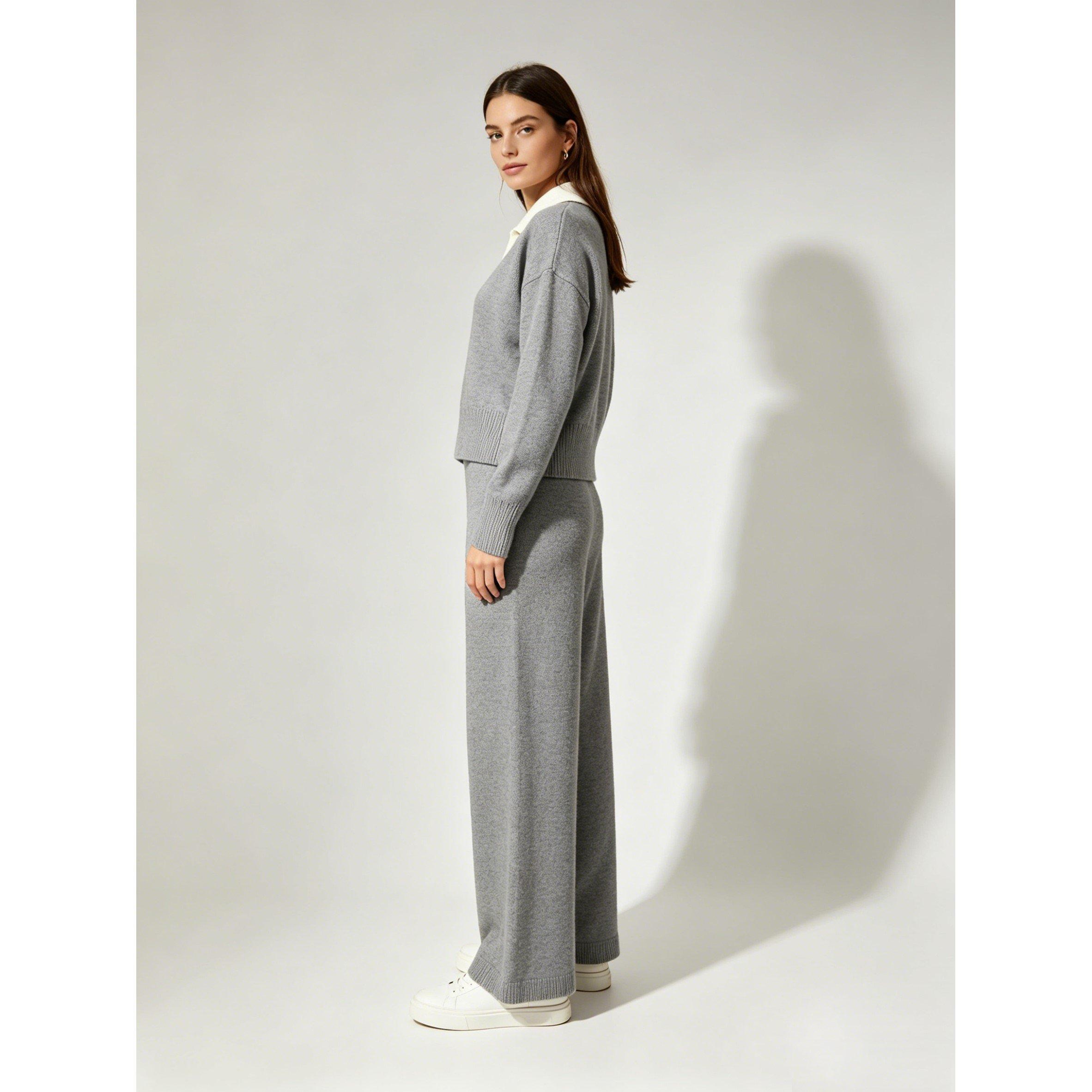 Grey - Miso - Women's V-Neck Knit Long-Sleeve Oversized-Fit Top and Trouser Set - 3