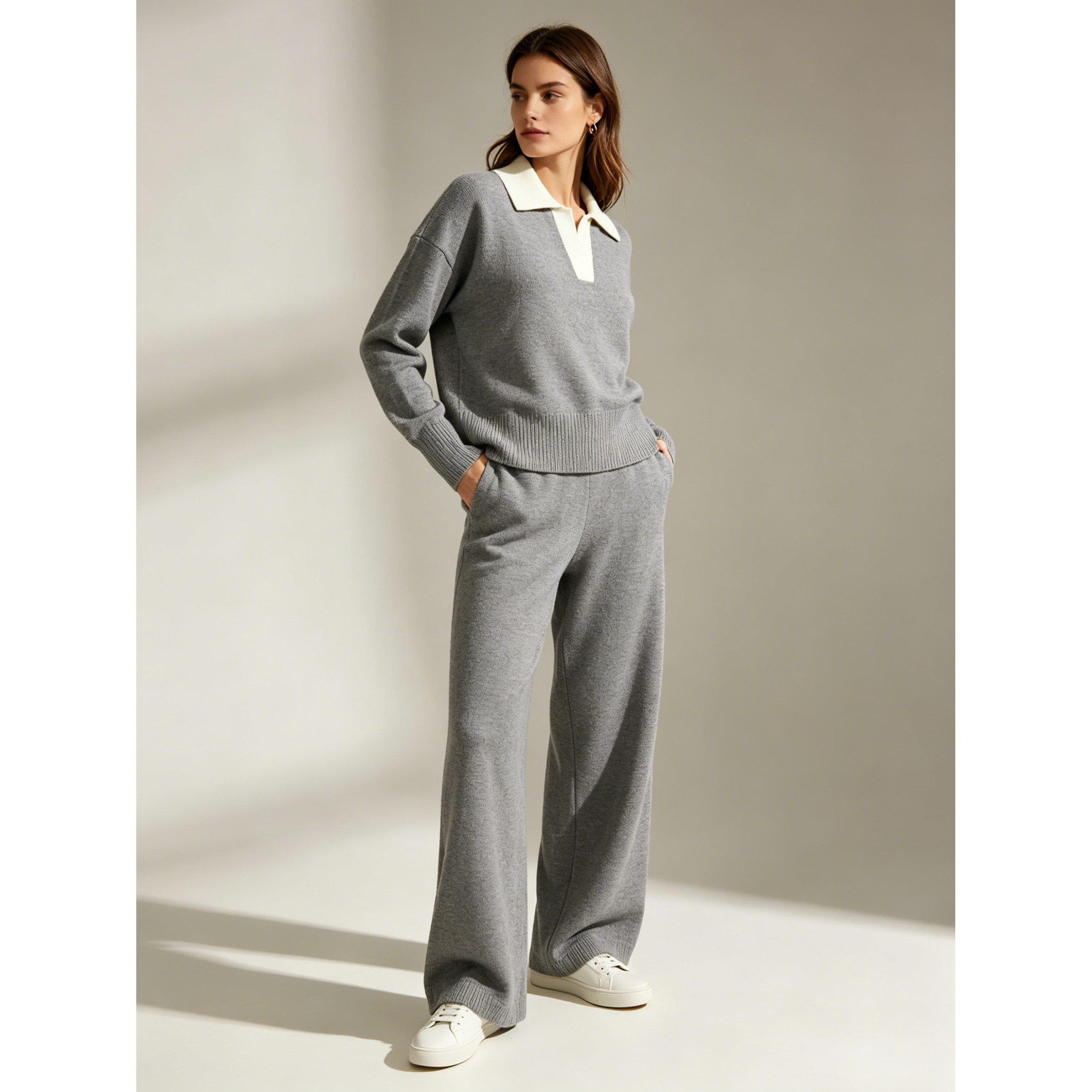 Grey - Miso - Women's V-Neck Knit Long-Sleeve Oversized-Fit Top and Trouser Set - 4