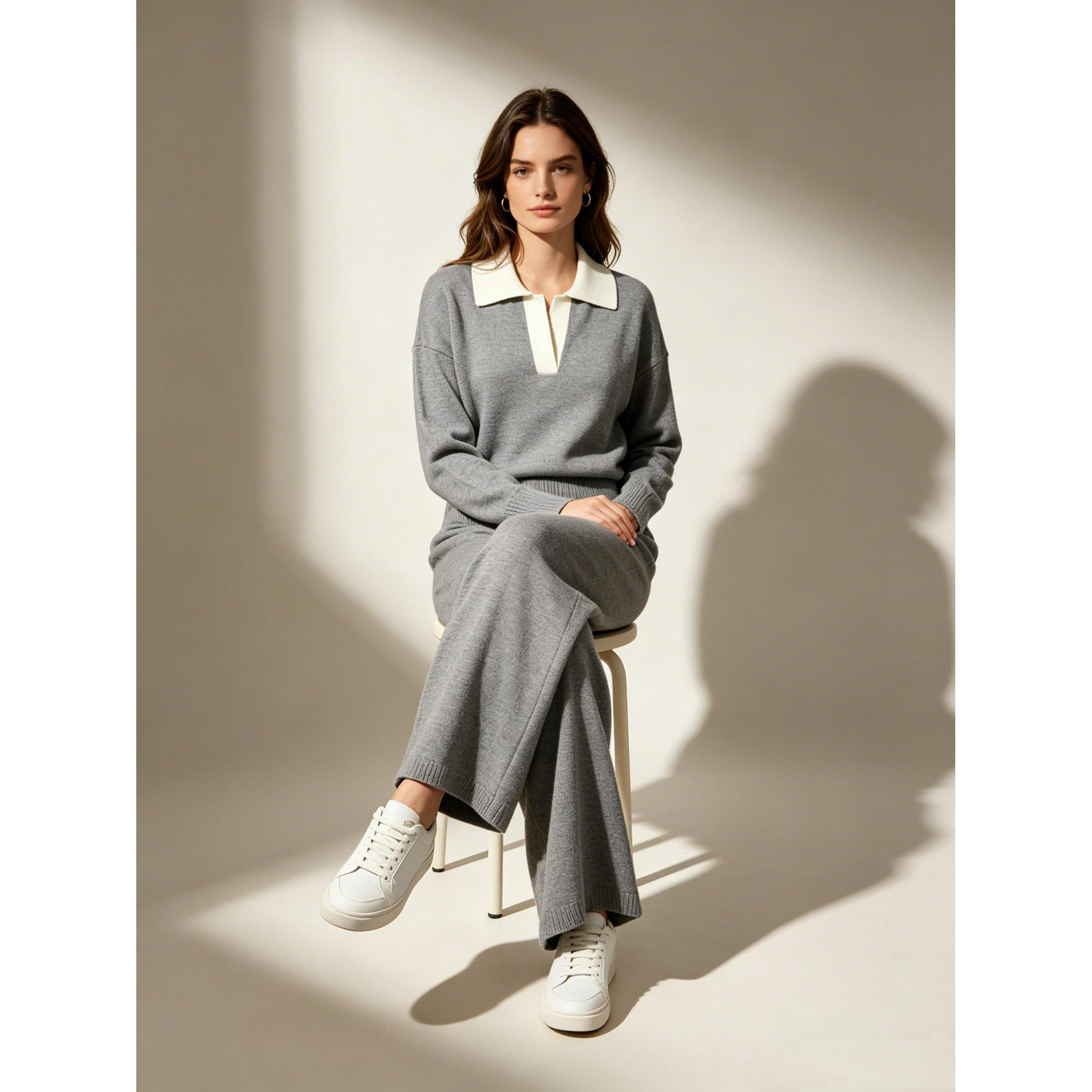 Grey - Miso - Women's V-Neck Knit Long-Sleeve Oversized-Fit Top and Trouser Set - 5